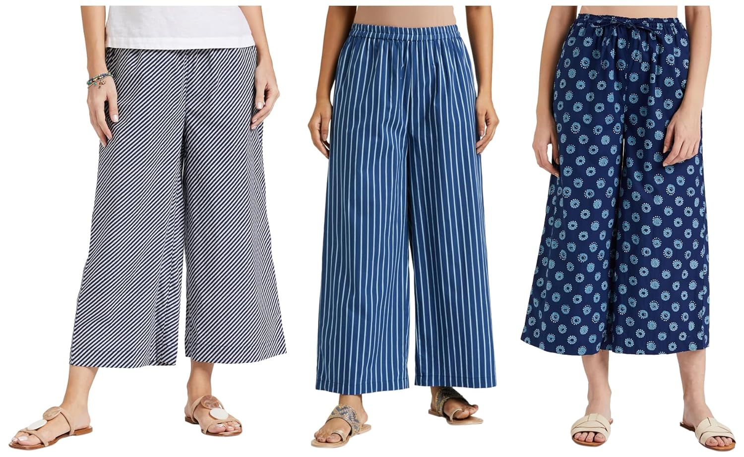 Amazon Brand – Myx Women’s Loose Palazzos in Indigo Stripes and Blue Booti & Relaxed Fit Cotton Trousers (Size XL).