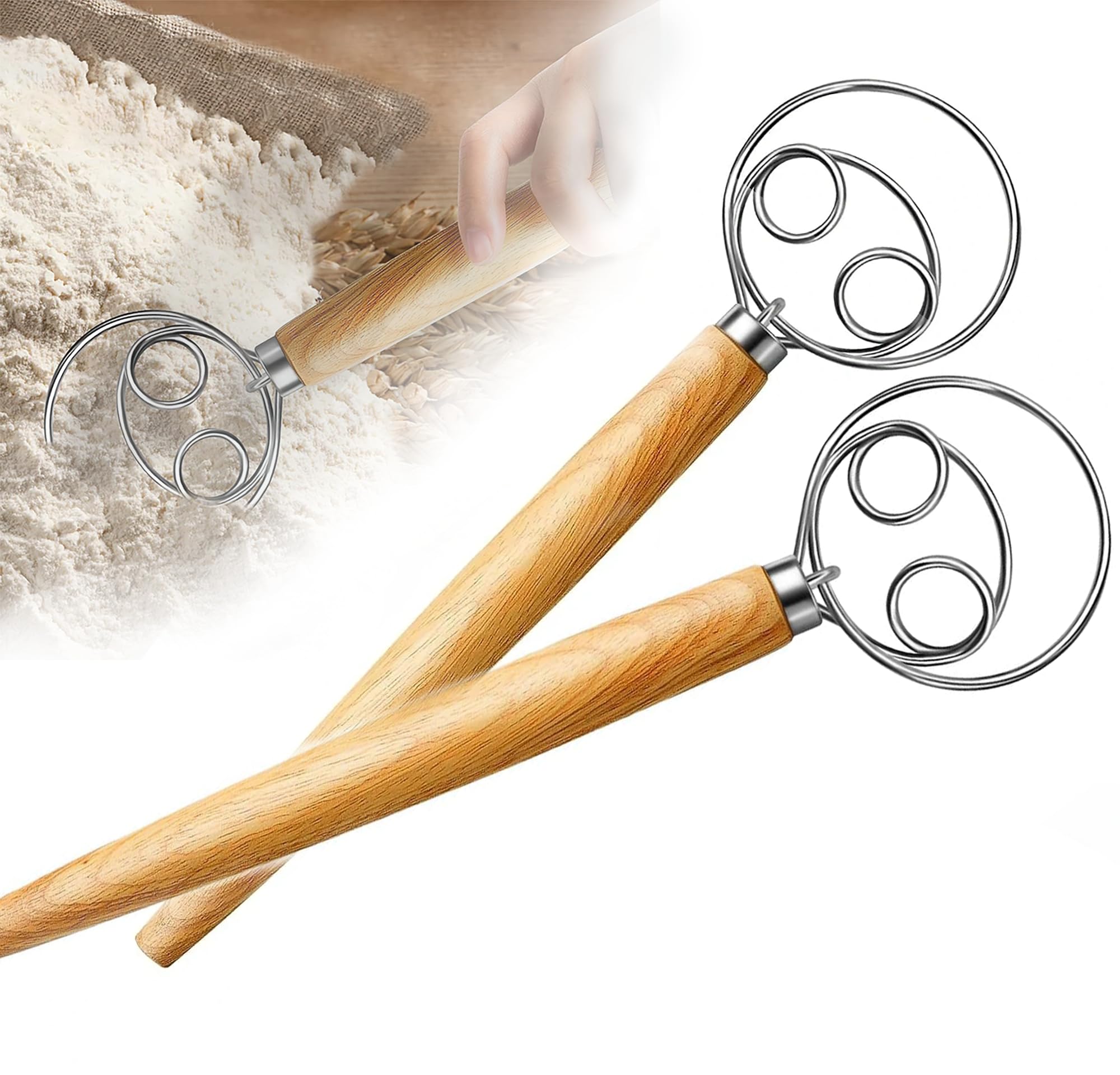 Danish Dough Whisk,sourdough bread baking supplies,Dutch Whisk - Dough Mixer Hand Tool-Thicker stainless steel ring,10 in Extension Wooden Handle Easier to use and helps your arms relax,2Pcs