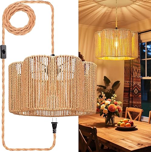 Miniatura 8 de Lámpara colgante de 16 pies con enchufe, luces colgantes de ratán con cable enchufable, lámparas colgantes que se enchufan a la toma de pared,