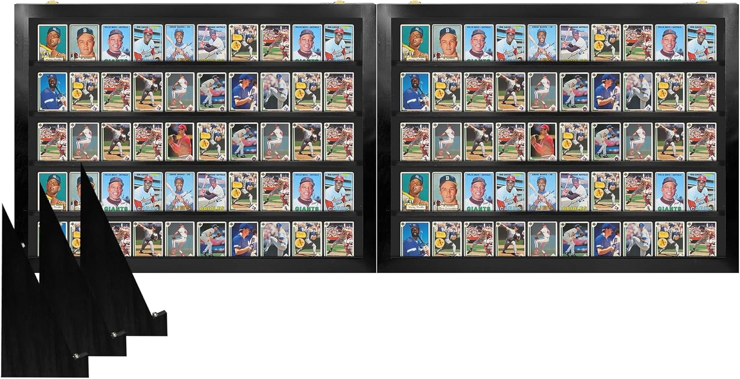 PENNZONI Baseball Card Display Case - Full Tabletop Sports Card Display Frame W/Standing Legs Lockable - Card Display for Football & Basketball - Trading Card Display - Black