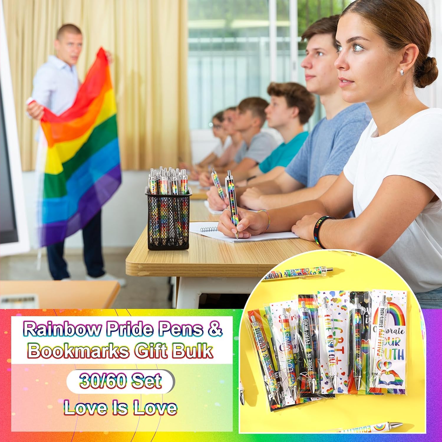 60 Sets Rainbow Pride Ballpoint Pens with Bookmarks Gift Bulk LGBTQ Lesbian Gay Day Love Is Love Retractable Pens for Sweetest Day Events Party Favors - Image 6