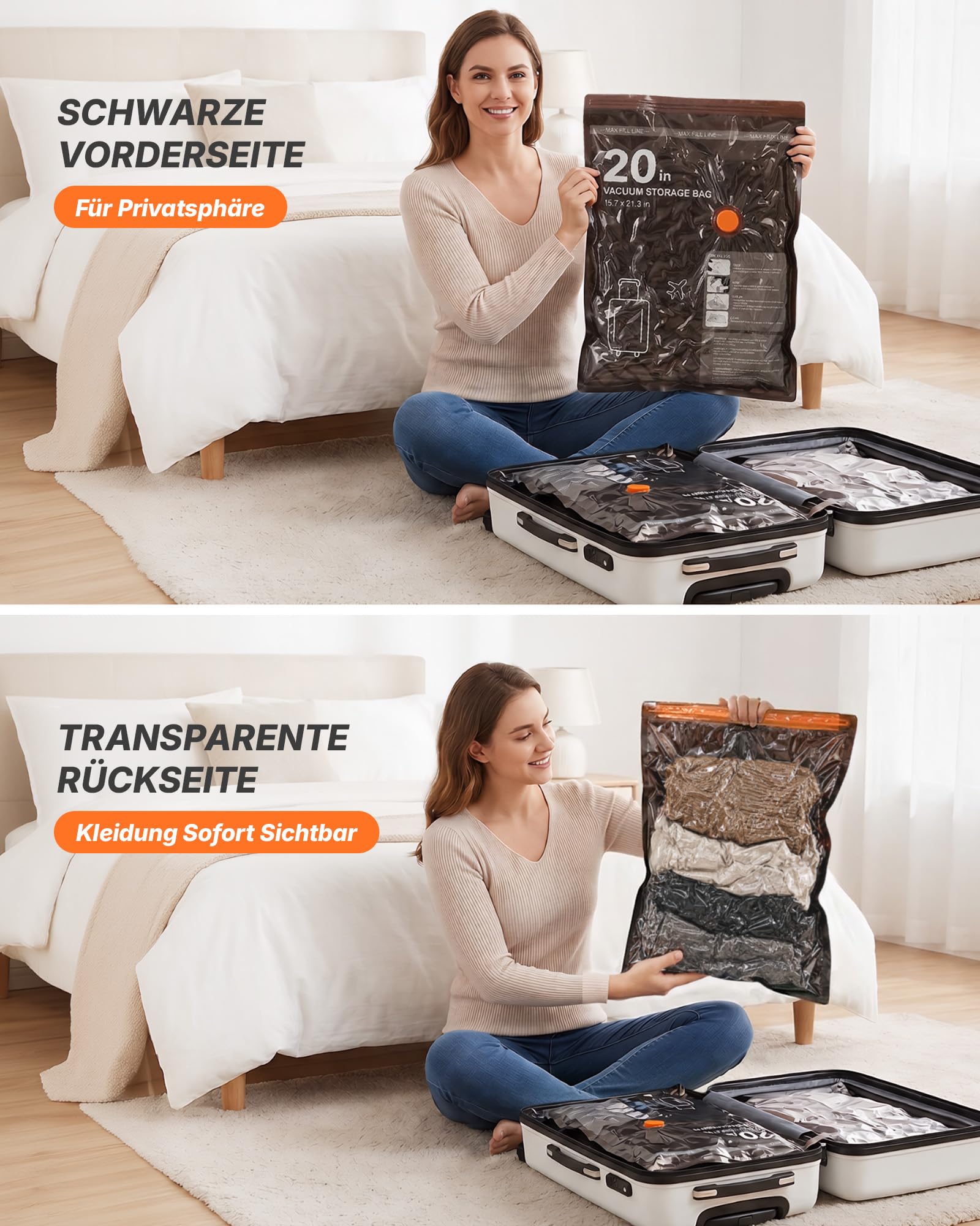 Vakuumbeutel für Kleidung mit kabelloser Vakuumpumpe,Vacuum Bags for Clothing – 15 Beutel (6 * 54x40, 6 * 64x47, 3 * 74x54cm) – Platzsparende Vakuumierbeutel, speziell für Reisen & Kofferorganisation