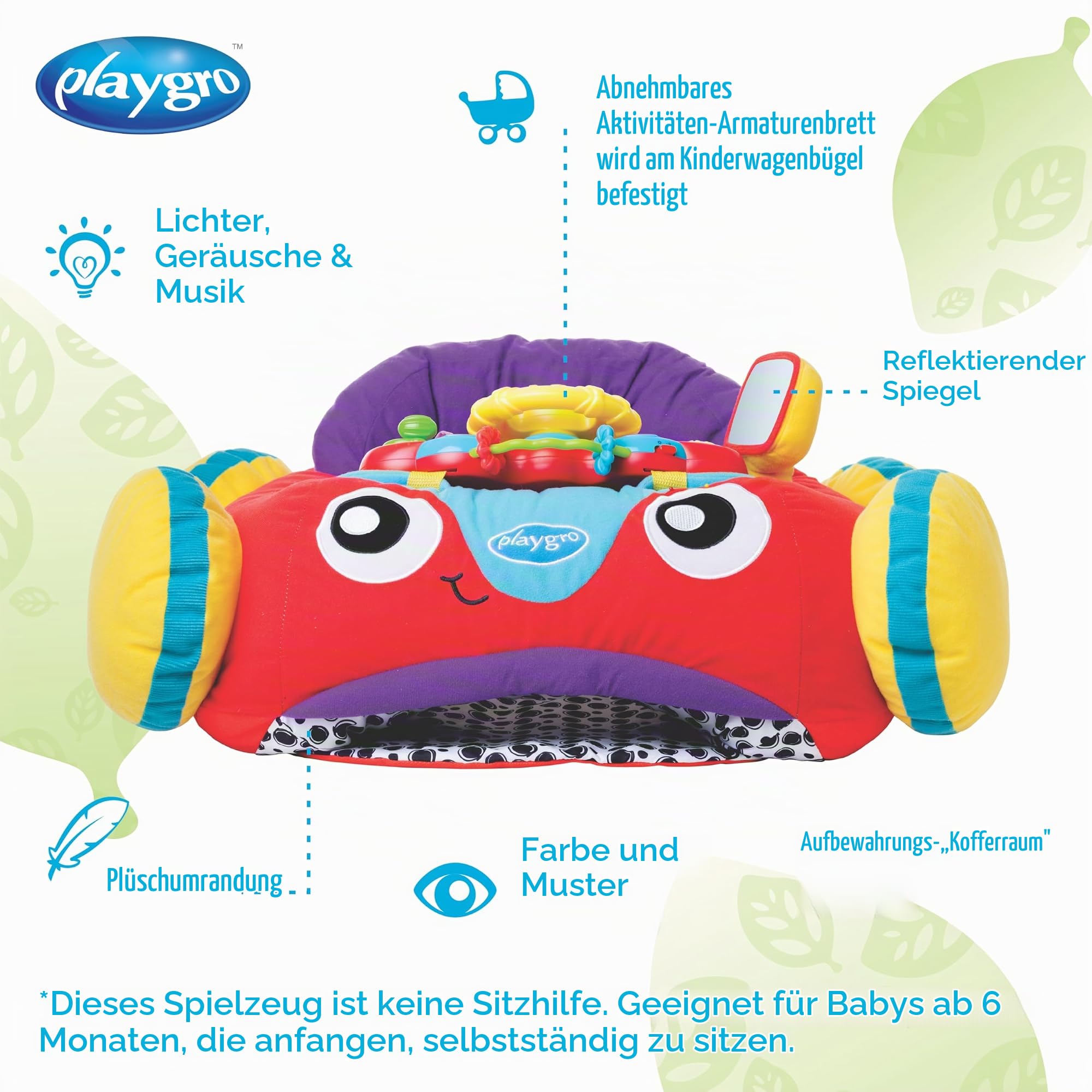 Playgro Plüschauto mit Lenkrad, Musik und Lichteffekten, Ab 6 Monaten, Music and Lights Comfy Car, Mehrfarbig, 1 Stück (1er Pack), 40191