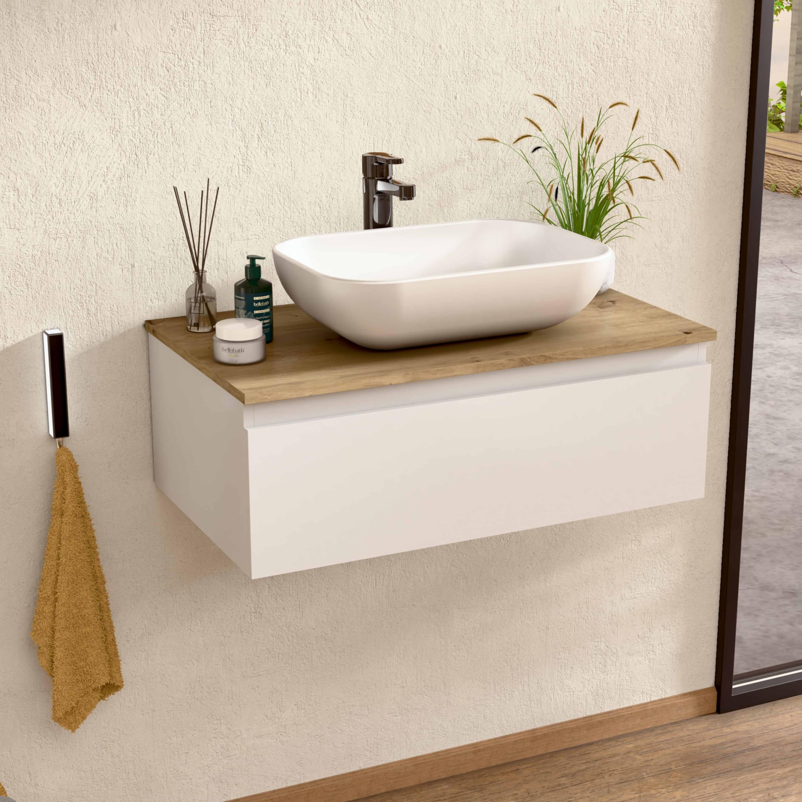 BELLOBATH - Mueble Baño Suspendido con Lavabo de Cerámica, Mueble Baño con Lavabo Montado con 1 Cajón, 60 x 27 x 46 cm, Mueble Blanco y Tapa Roble