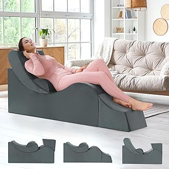 HOMBYS Yoga Chaise Lounge Indoor, Ergonomic Reading Chair for Adults, Multifunctional Foam Recliner for Living Room,Adjustable Footrests & Lumbar Support Pillow, 55"x19.7"x21.7", Grey