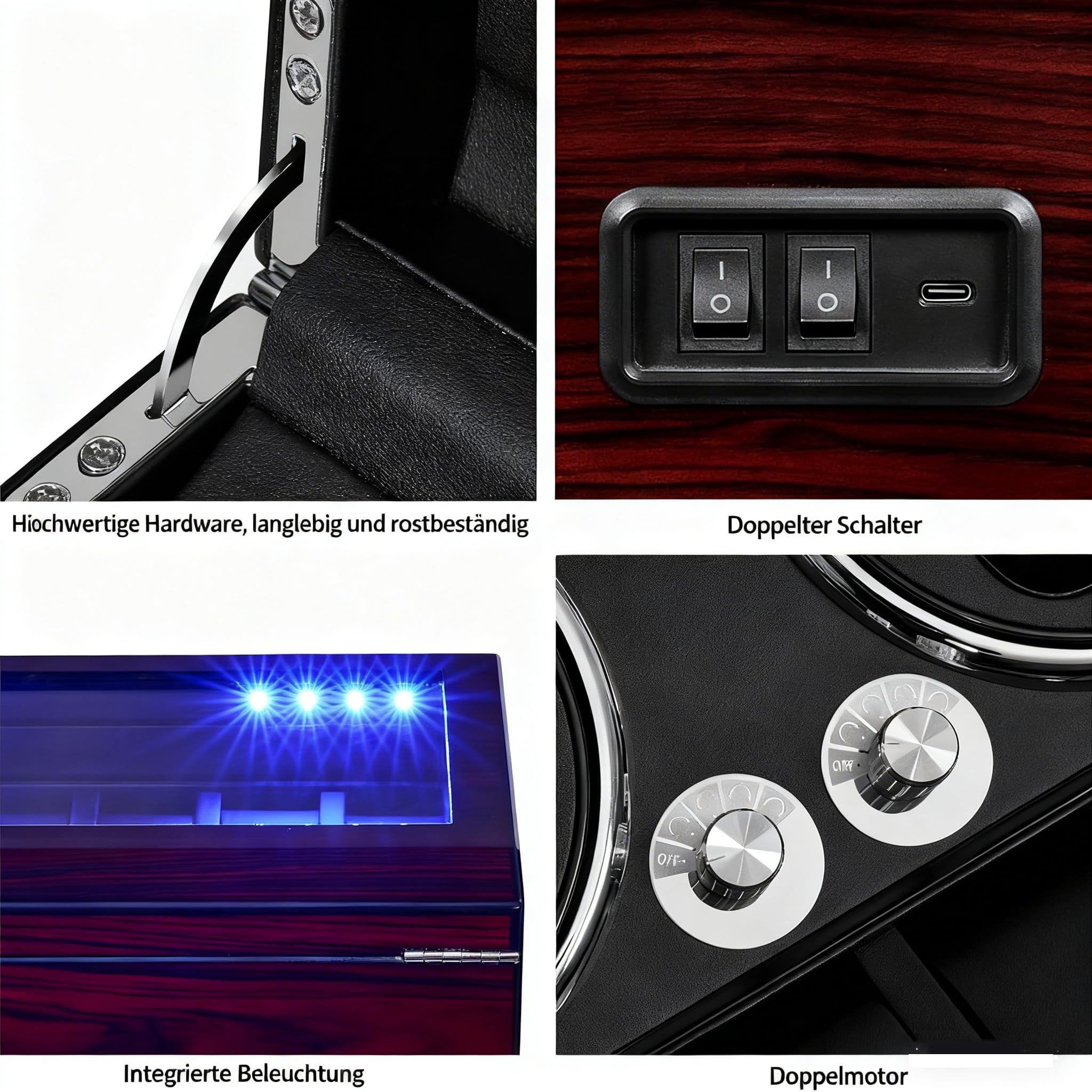 ANWBROAD Uhrenbeweger für Automatikuhren 4 Uhren+6 extra Speicherplätze 4 Drehmodis mit super leisem Mabuchi Luxuriöser Automatik Uhrenbeweger Watch Winder Uhrendreher USB-Aufladung JWW002R