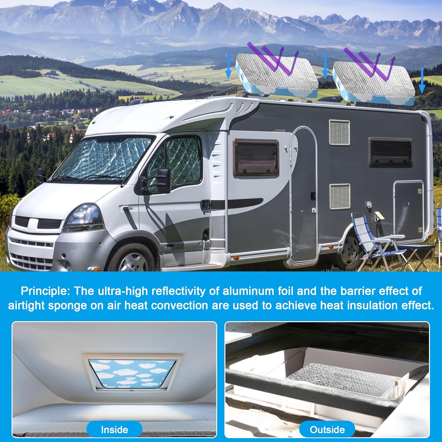 2 PCS RV Skylight Cover Vent Insulator, AHIER 14"x14"x3" Universal RV Skylight Insulator with Reflective Surface RV Vent Covers with Fixed Hook and Loop for Roof Inside Camper