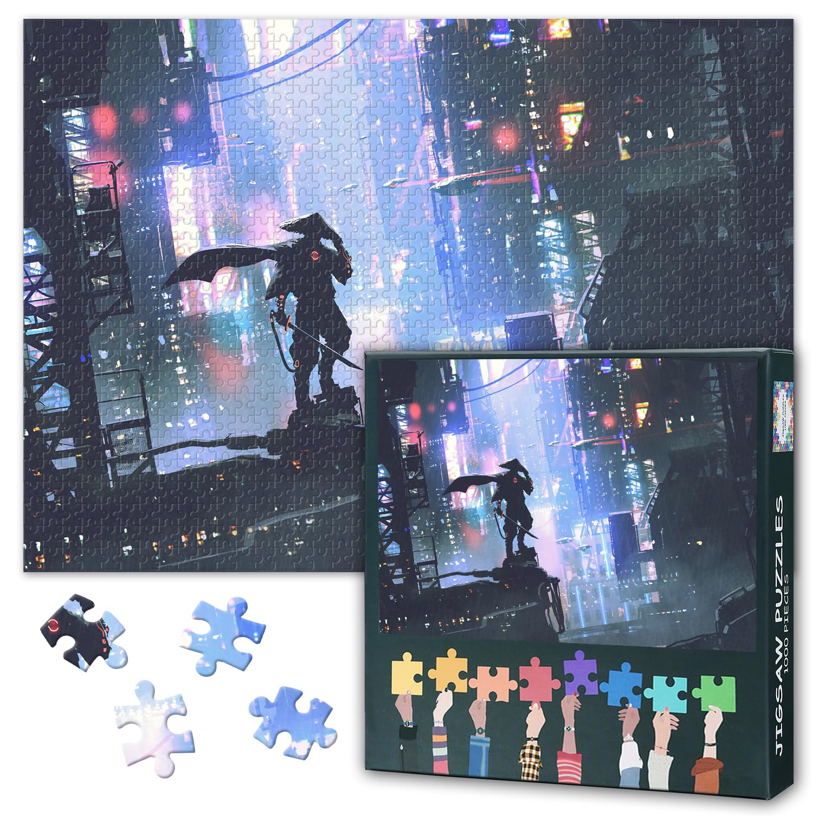 Building in Cyberpunk City -1000 Piece Jigsaw Puzzle for Adults Unique Piece Design Futuristic Samurai Japan Samurai Puzzles Gift for Enthusiasts - Finished Size is 27.5"x19.6"/70 * 50cm — image 1
