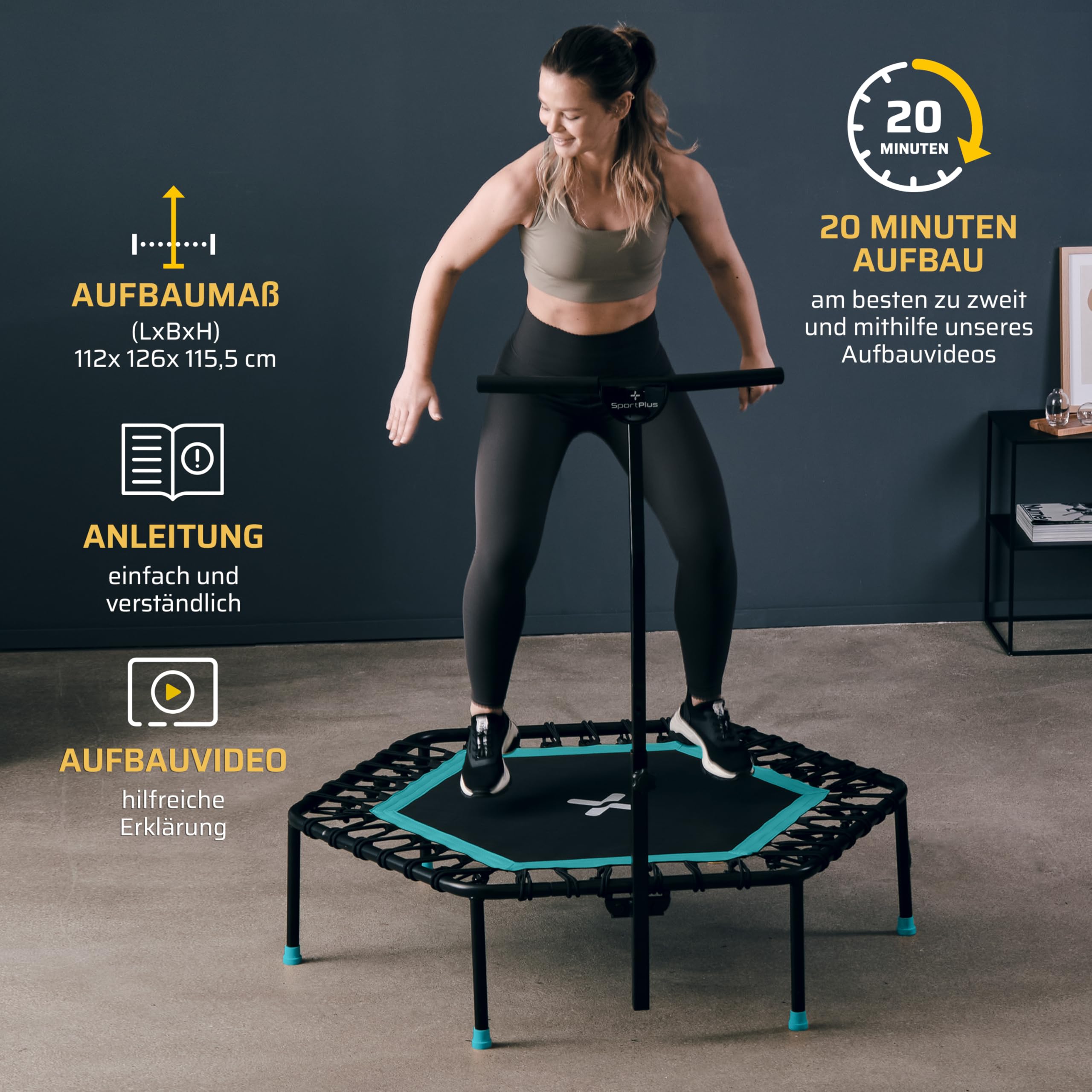 SportPlus Fitness Trampolin Indoor für Zuhause, Trampolin mit Haltestange höhenverstellbar, Gummiseilfederung, Workout & Cardiotraining, Premium-Qualität Designed in Germany 130kg