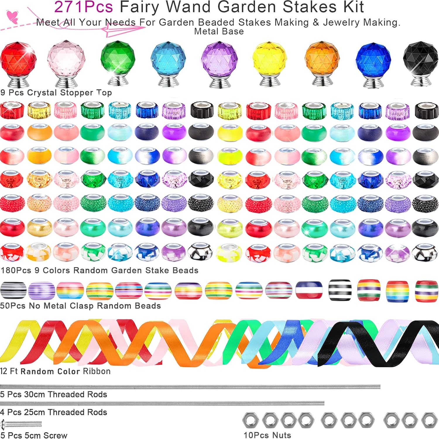 271 Pcs Beaded Garden Stakes Kit, DIY Fairy Wand Garden Stakes Beads Kit Colorful Large Hole Bead Crystal Stopper Top 9 Stainless Steel Threaded Rod Beaded Fairy Wands Supplies for Outdoor Decorative image 2