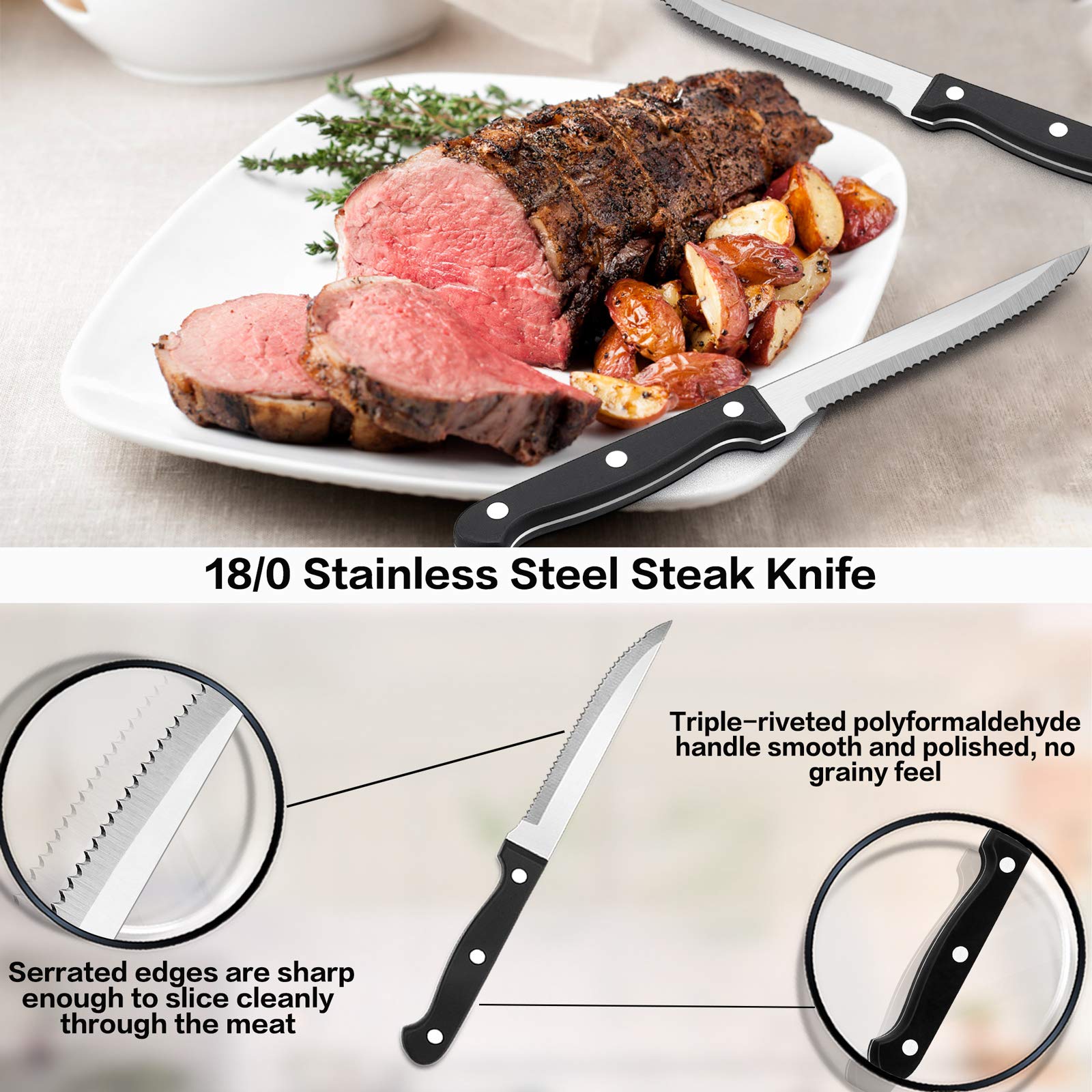 E-far 24-Piece Black Silverware Set For 4 - Stainless Steel Flatware With Steak Knives, Mirror Polished Cutlery Set