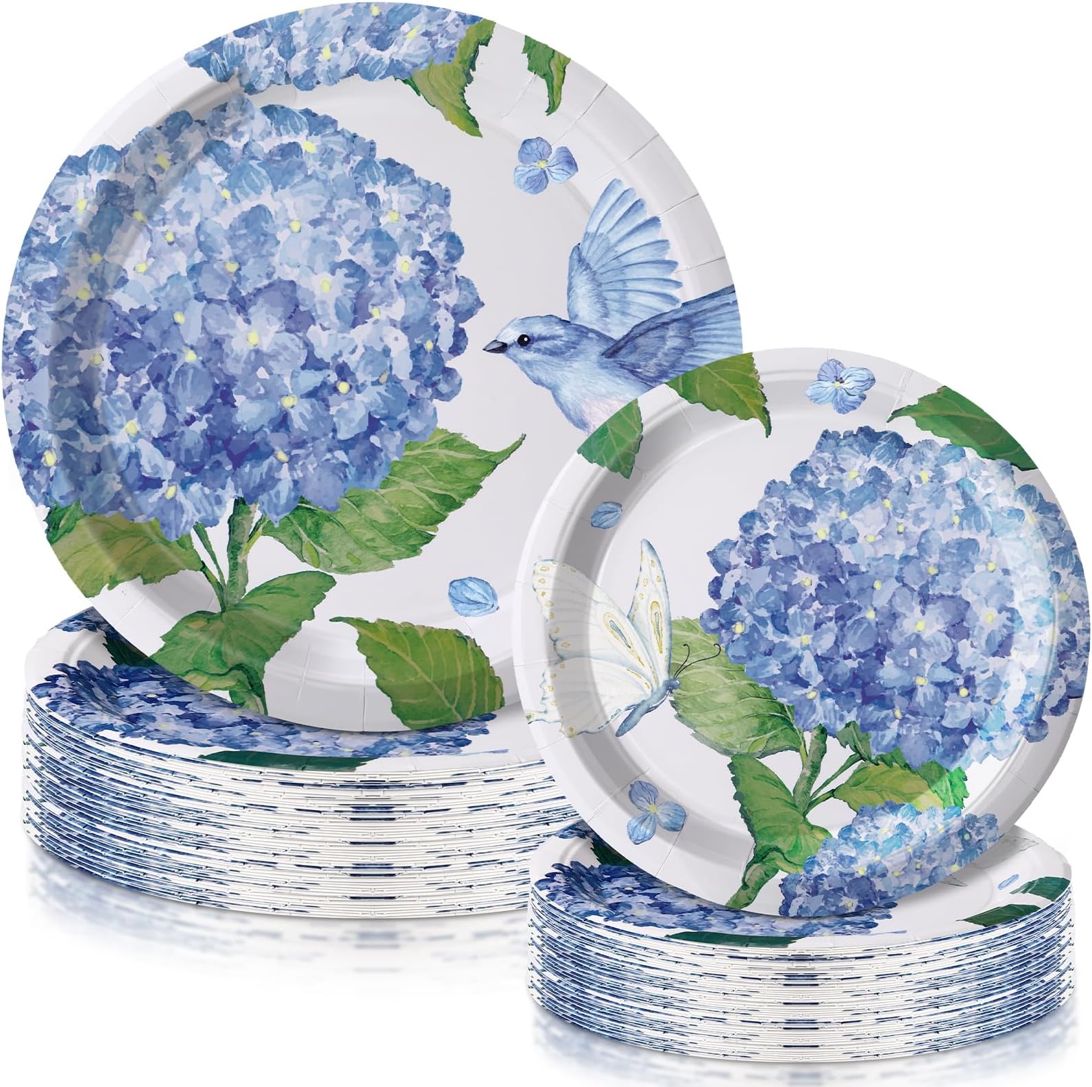48 Pcs Watercolor Hydrangea Paper Plates Set, Include 24 Pcs 9" Floral Disposable Plates, 24 Pcs 7" Decorative Dinner Plates Spring Summer Blue Hydrangea Tableware for Tea Party Supplies