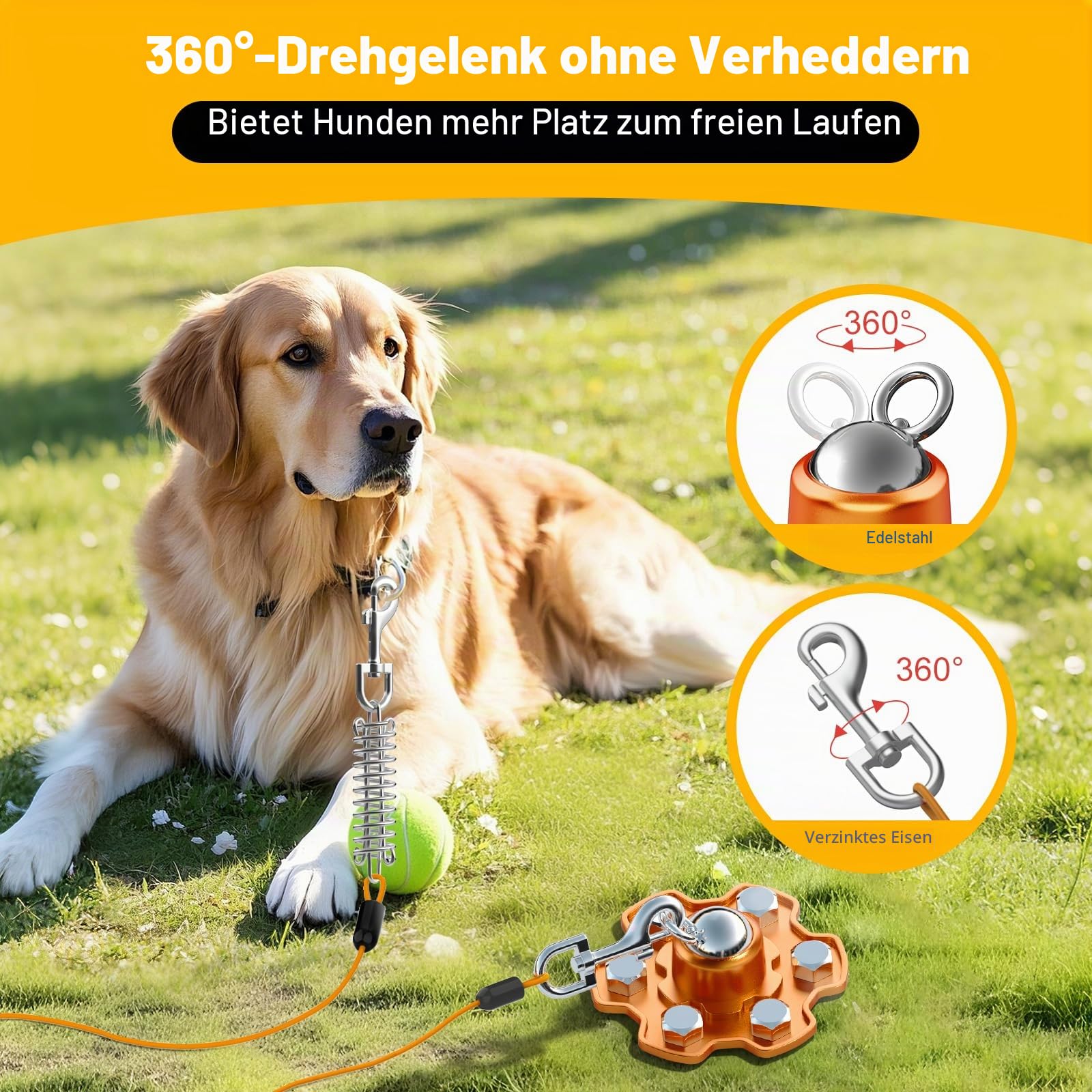 Anlegepflöcke für Hunde und Kabel, 360° Schwenkbar HundPfähle, Heavy Duty Hundehof Leine Pfahl mit 20 ft Hund Tie Out Kabel, Hund Läufer 180 lbs Zugkraft für Draußen Camping Hof, Orange