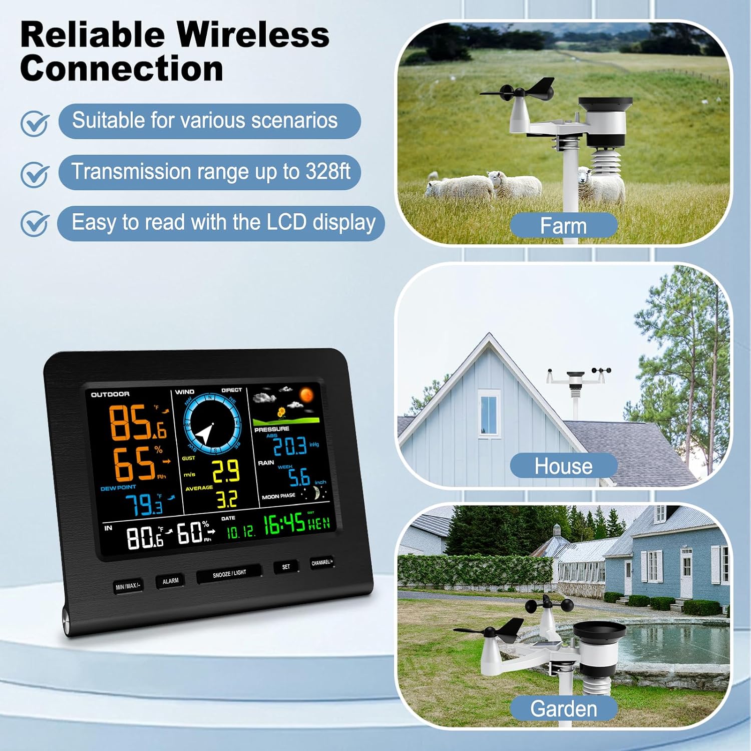 Urageuxy WiFi Weather Stations Wireless Indoor Outdoor, Home Weather Station with Rain Gauge, Wind Speed/Direction, Indoor/Outdoor Thermometer/Humidity, Moon Phrase, Alarm Clock, Barometric Pressure - Image 2