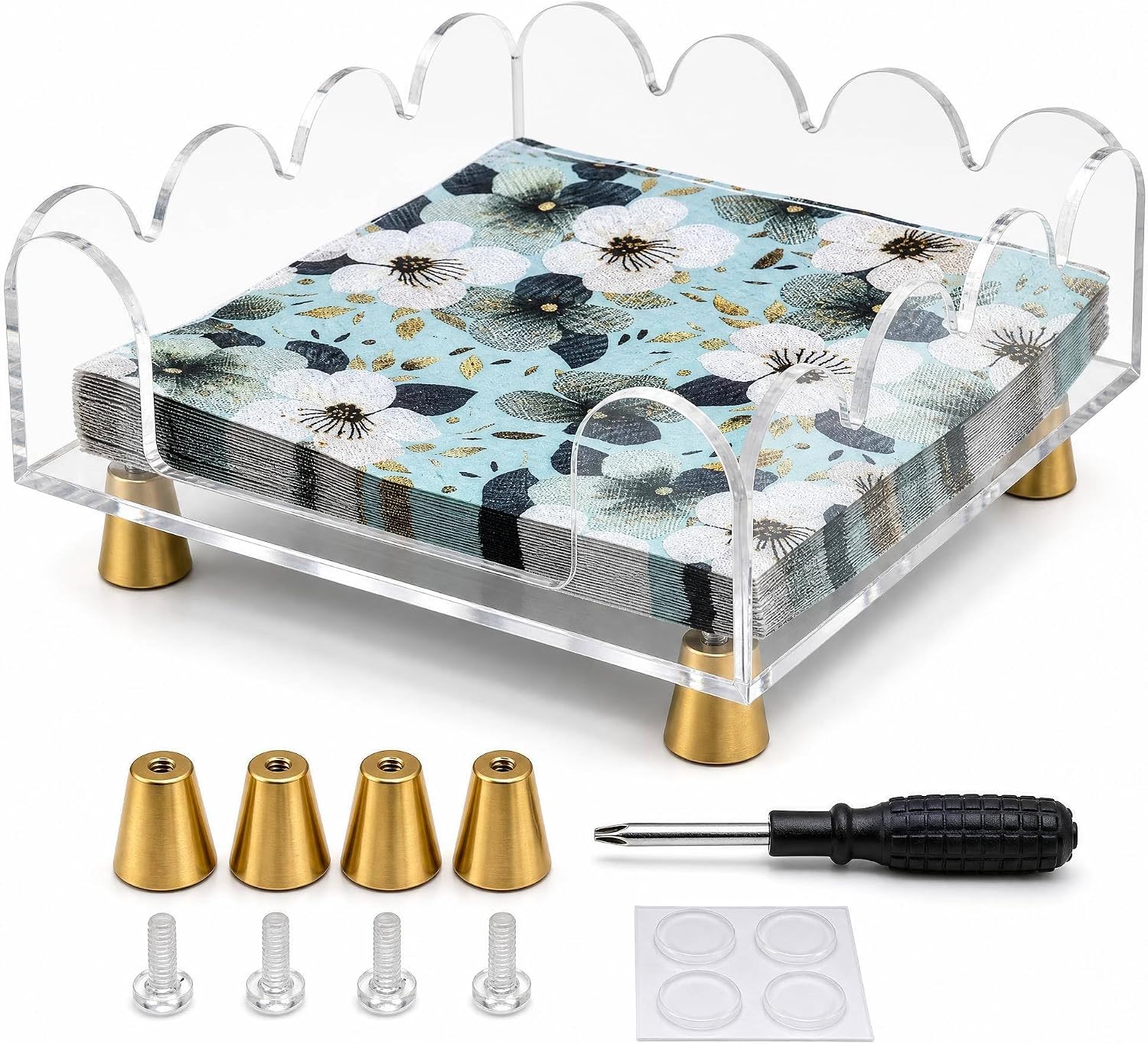 Acrylic Napkin Holder for Table - Scalloped Clear Square with Gold Metal Feet, U-Shaped Opening & Non-Slip Pads, Fits Cocktail, Guest & Luncheon Napkins