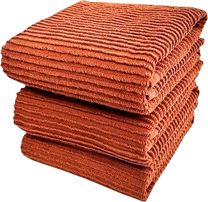 Serafina Home Kitchen Dish Towels for Hands Drying Cleaning Burnt Orange Rust 100% Cotton Soft Cloth Absorbent Terry Loop, Set of 3 Multipurpose Everyday Use Large Oversized 18" x 28"