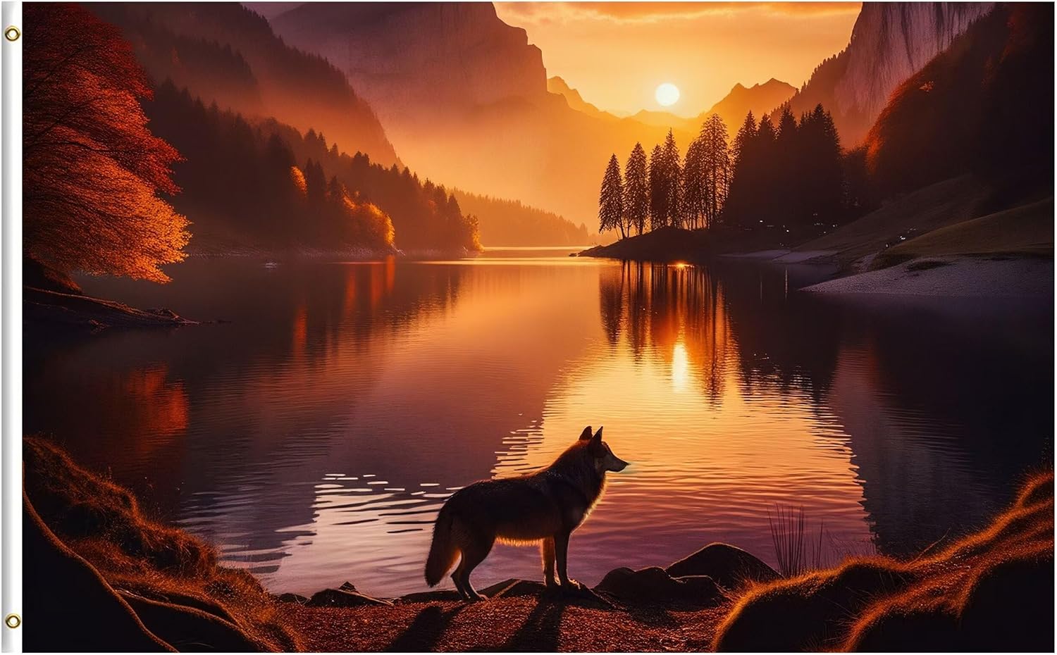Wolf Fantastic Evening Lake Autumn Forest Mountain Sunset Landscape 4x6 Feet Flag, Polyester Double Stitched with Brass Grommets 4 X 6 Ft Flag for Outdoor Indoor Home Decor