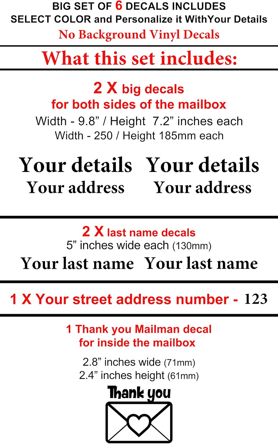 Set of 6 Personalized Mailbox Decals for Outside Waterproof Last Name Decal Custom Address Decals Vinyl Stickers, by Cus2mize Mailbox, (Black)