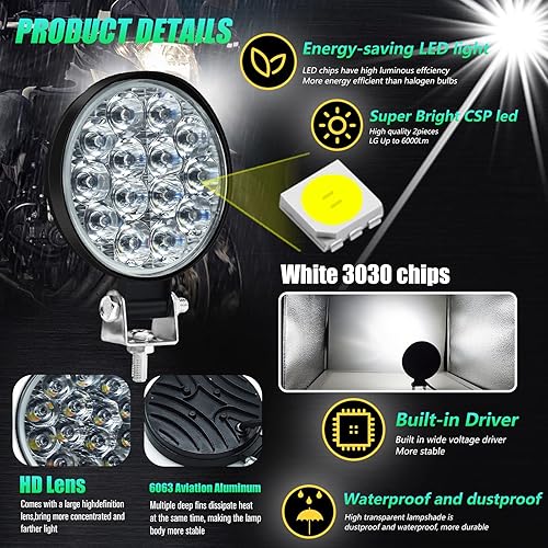 Miniatura 3 de 2 luces redondas todoterreno de 3.4 pulgadas, 14 LED de 17 W 3400 lúmenes, luz de trabajo LED blanca con kit de interruptor para
