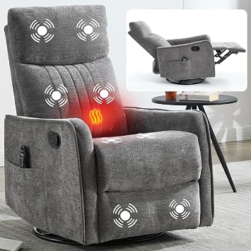 Massage Chair Recliner with Heat, Swivel Rocking Chair Recliner with Gliding Motion, PU Leather Lazy Boy Recliners for Adults,Small Recliner Chair for Small Spaces Chenille, Dark Gray