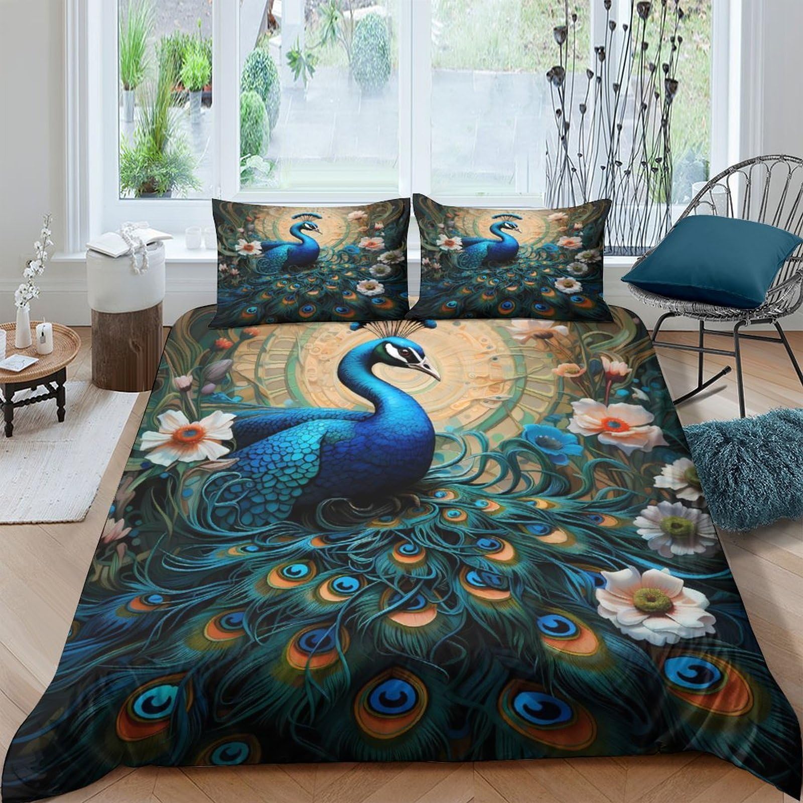GPLZQXKJNH 3D Printed Peacock Lotus Duvet Cover Set Microfiber Soft Bedding Set with 2 Pillowcases for Bedroom Decor Single（135x200cm）