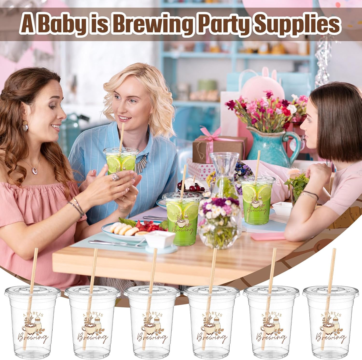 50 Pcs Birthday Gift Cups Birthday Party Favor Plastic Tumblers Bulk Baby Shower Party Supplies Goodie Gift for Guest(A Baby is Brewing,Brown)