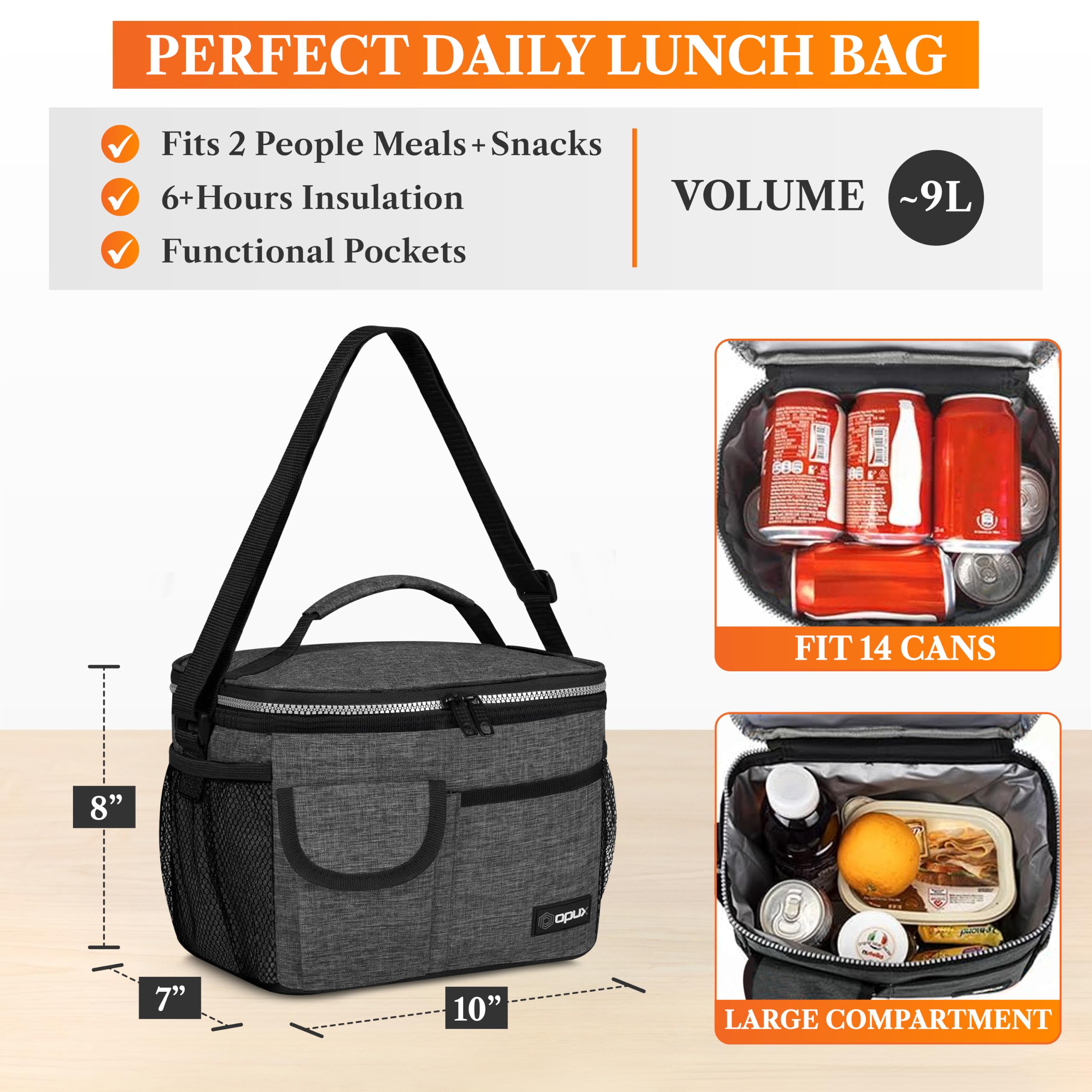 Bolsa térmica OPUX para el almuerzo para adultos hombres mujeres niños y niñas bolsa térmica mediana a prueba de fugas para escuela trabajo oficina almuerzo con correa para el hombro bolsillo