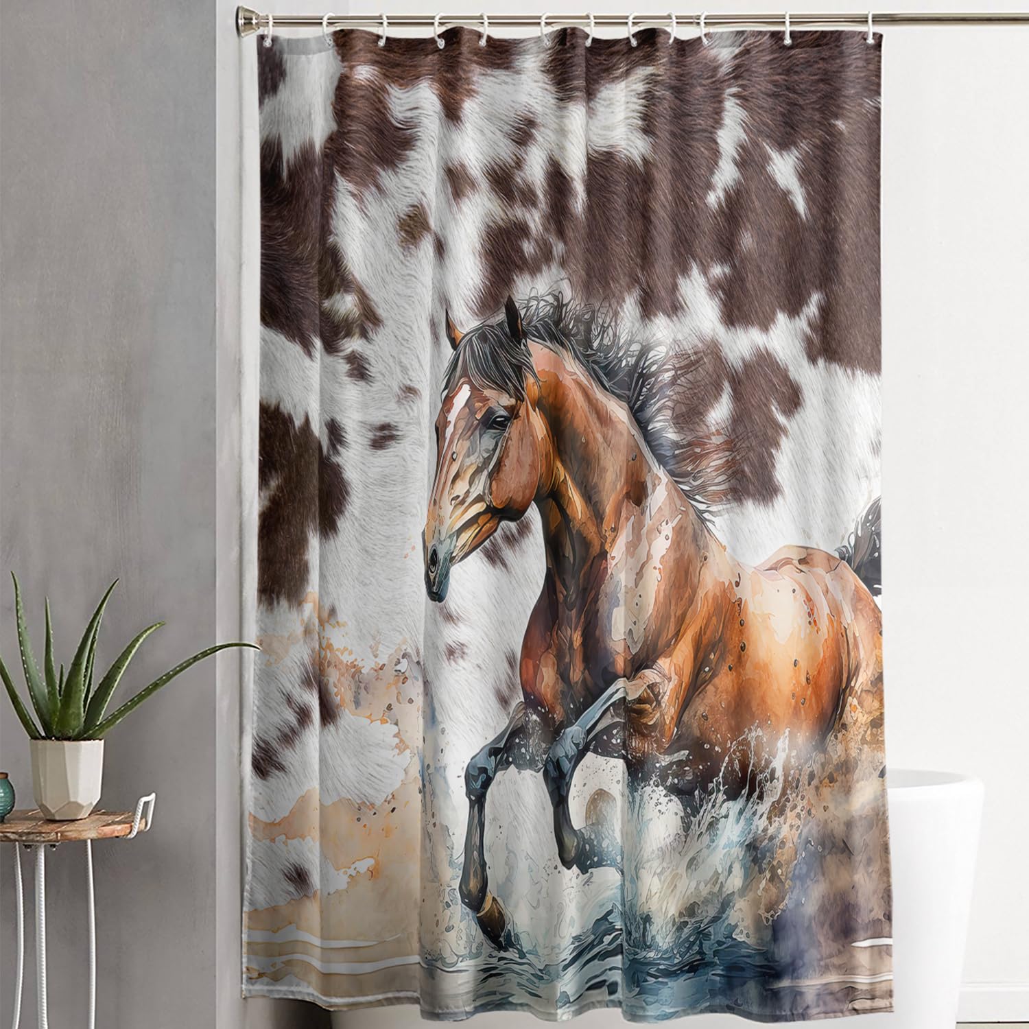 AILONEN 3D Black Horse Shower Curtain,Galloping Horse Shower Curtain for Bathroom for Kids,Boys,Brown Cowhair Waterproof Fabric Bath Shower,Wildlife Theme Shower Curtain Set with Hooks,48