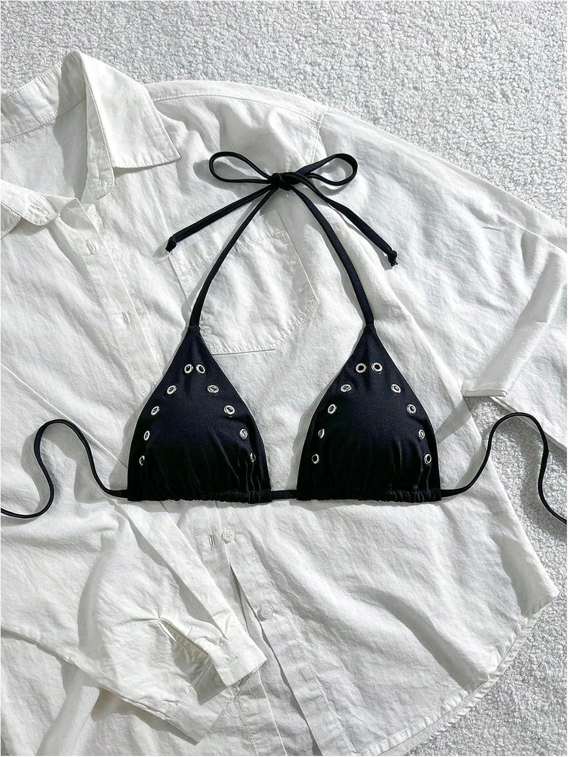 SOLY HUX Women's Punk Grommet Eyelet Halter Bikini Top Triangle Tie Back Swimsuit Tops Summer Beach Bathing Suit