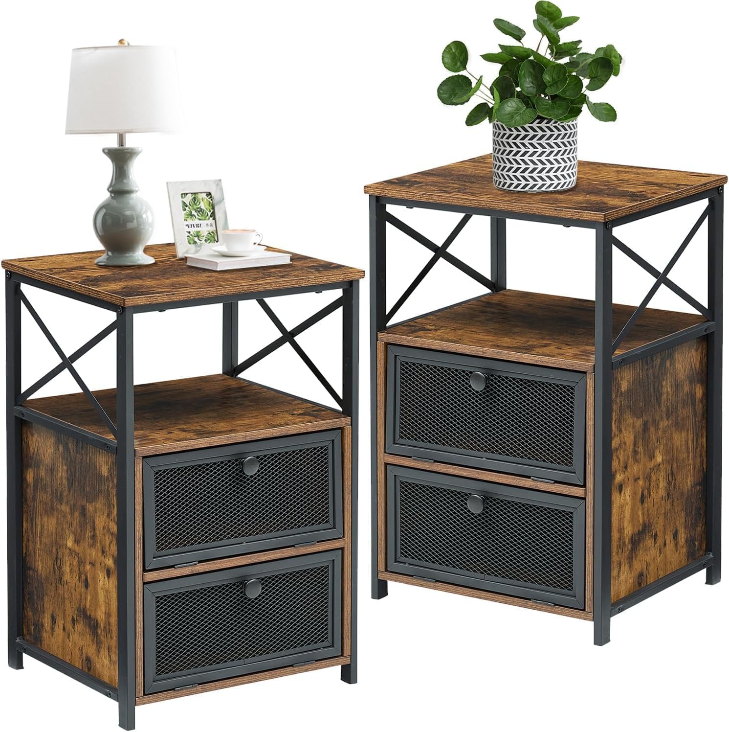 VECELO Nightstand Set of 2, End Table with Flip Drawer, Modern Night Stand for Bedroom,Living Room, Office, Easy Assembly, Vintage Brown
