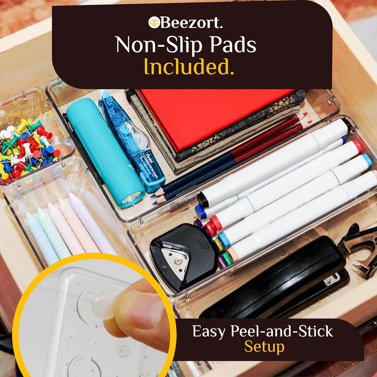 40 PCS Clear Drawer Organizer Set, BPA-Free PET Plastic Trays with Non-Slip Pads, Nesting Storage Organizers for Kitchen Drawer, Bathroom, Vanity Makeup, Office Desk