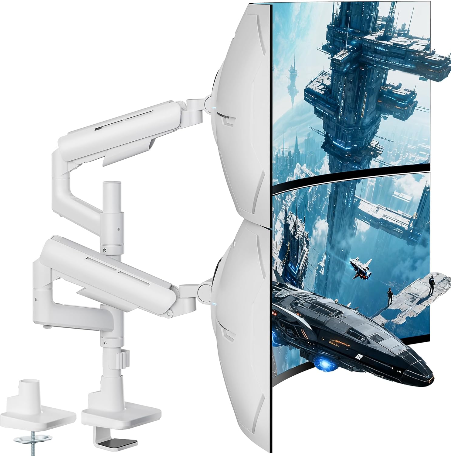ARES WING Dual Monitor Mount for 17-49 Inch Ultrawide Heavy Duty Curved Screen, Computer Monitor Arm Desk Mount, Gas Spring Adjustable Dual Monitor Stand for Desk, White