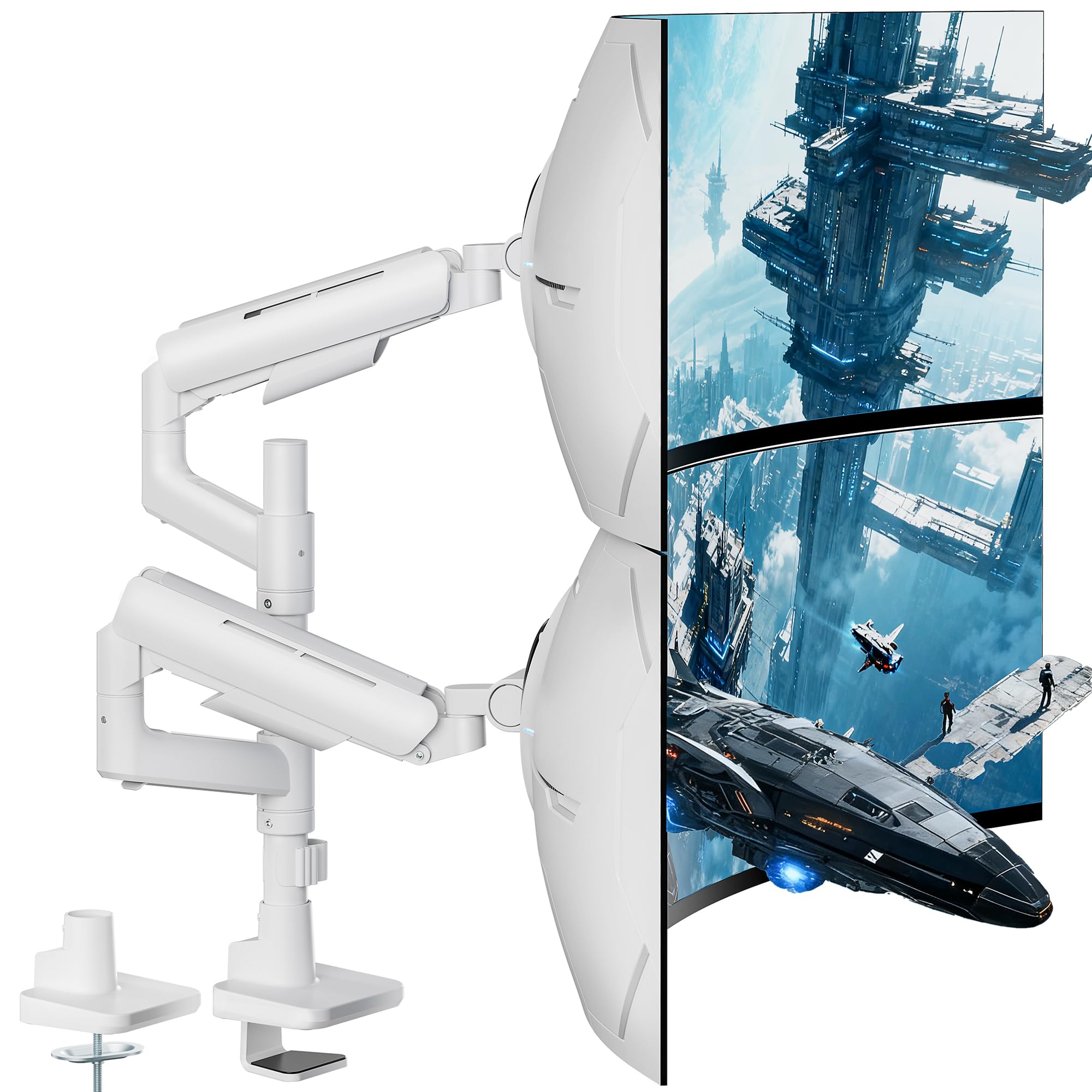 Dual Monitor Mount Vertical for 17-49 Inch Ultrawide Heavy Duty Curved Screen Stacking, Computer Arm Compatible with Samsung and LG Monitor, Gas Spring Adjustable Monitor Stand for Dual, White-image-12