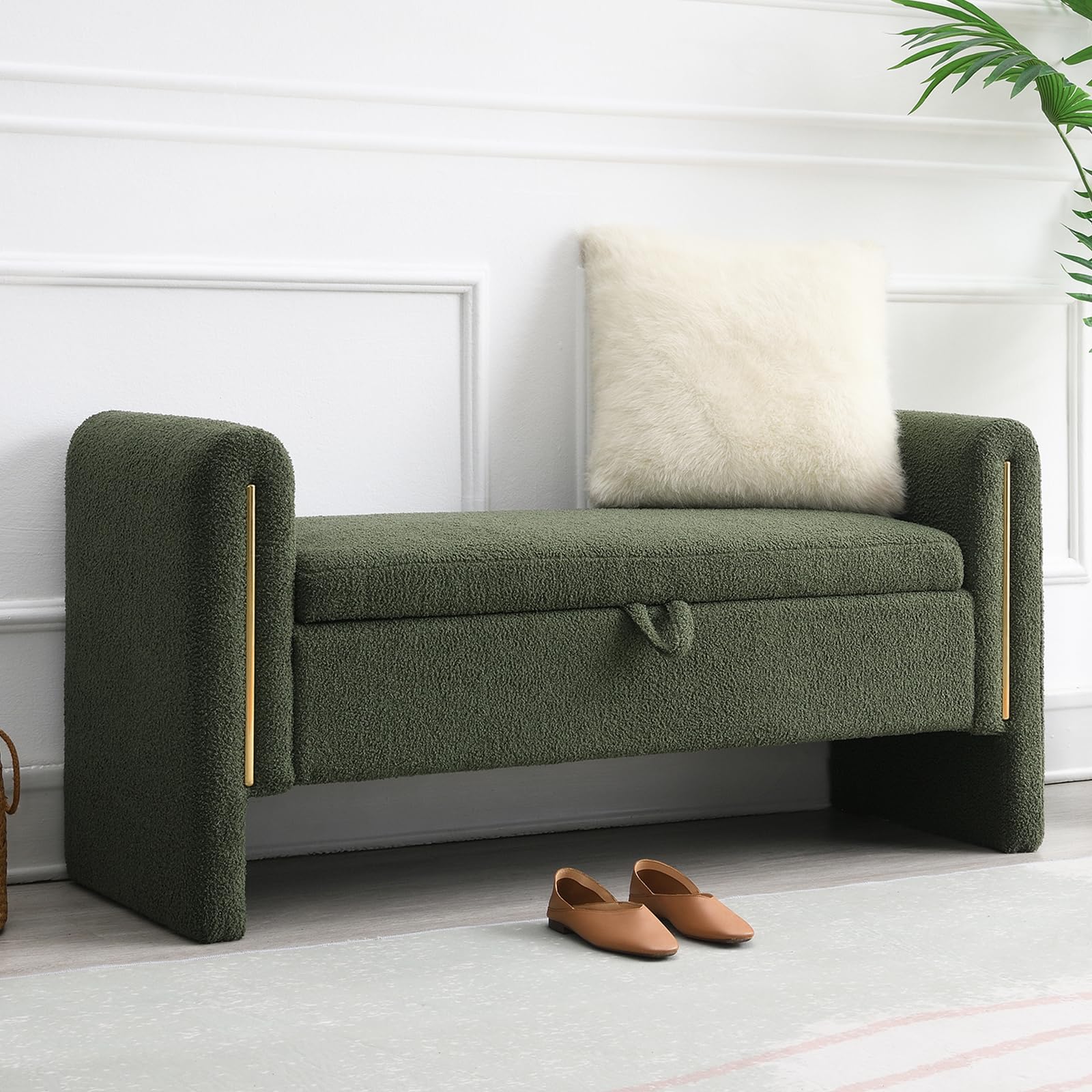 NIOIIKIT 52" Storage Ottoman Bench, Teddy Upholstered Storage Bench with Armrest, Entryway Bench with Pull-Ring, End of Bed Bench, Window Bench for