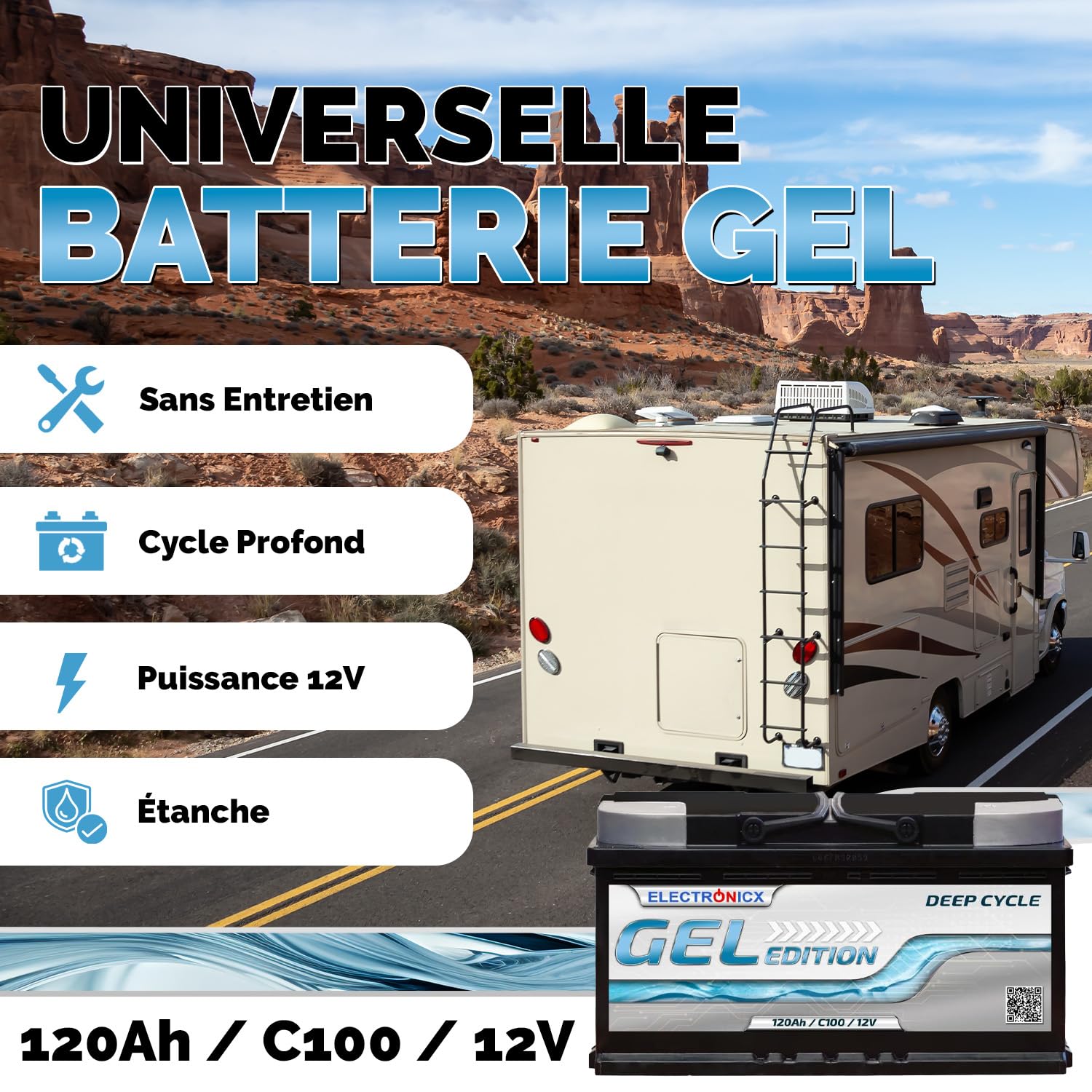 Batterie Gel Edition 120Ah Solaire, Camping-Car - Batterie 12V 120 Ah à Décharge Lente - Batterie Solaire Portable pour Panneau Solaire - Batterie.
