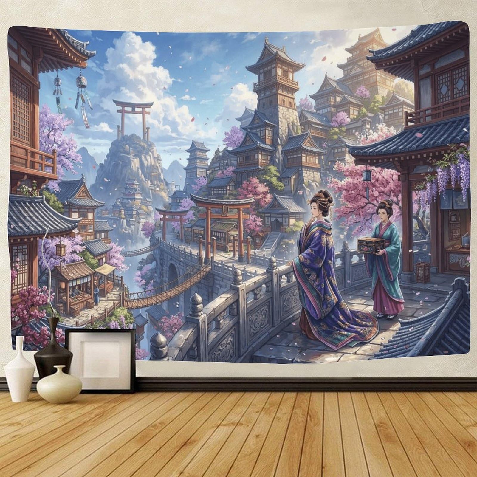 GPMNBCXZK Japanese Geisha Wall Tapestry Sakura 3D Print Decorative Wall Art for Home Bedroom Living Room 70cmx100cm
