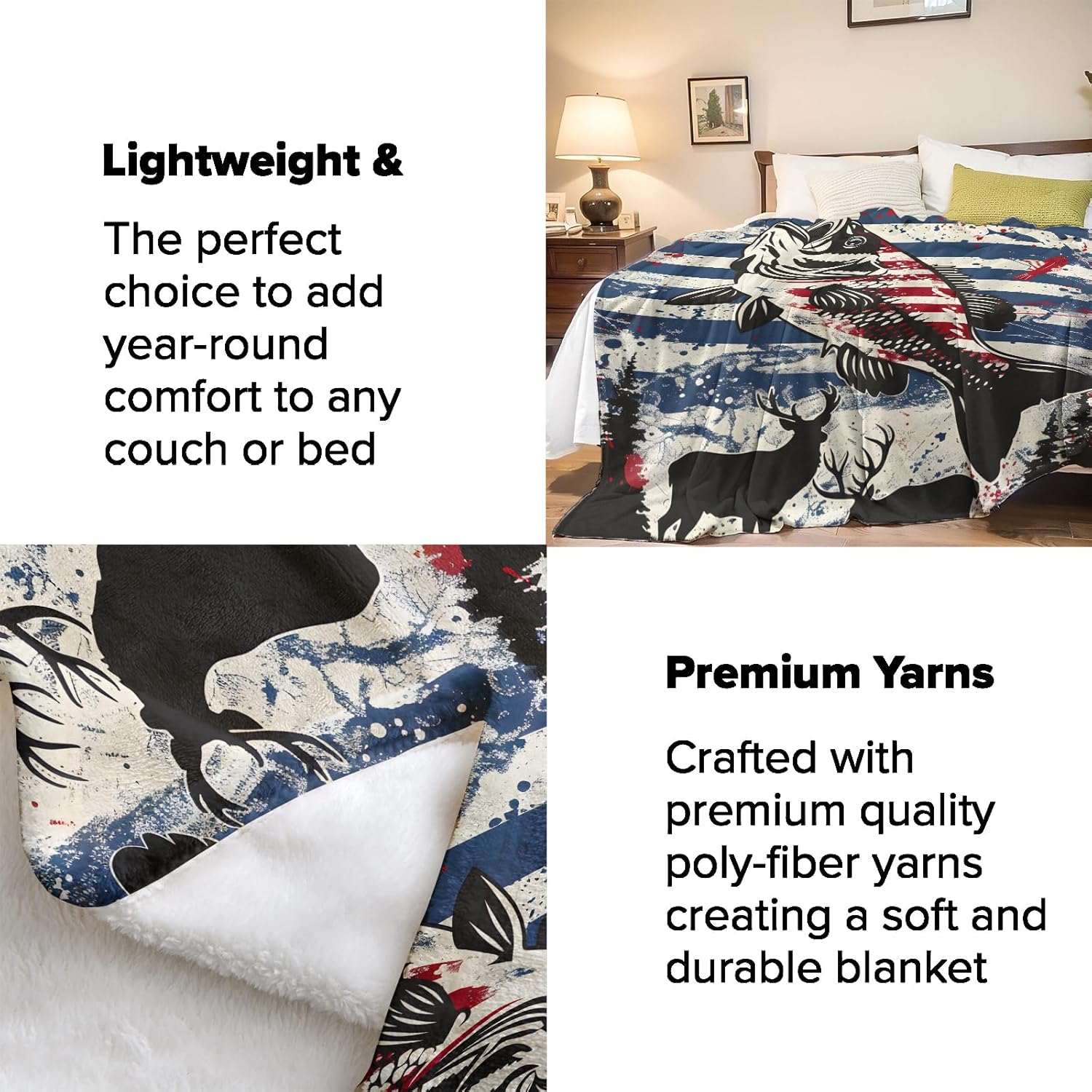 Patriotic Fishing Throw Blanket for Adults Kids, 50x60 in, American Flag Striped Bass Theme Flannel Blankets for Bedroom, Couch, Travel, Home Decor, Fuzzy Soft Cozy Warm Gifts