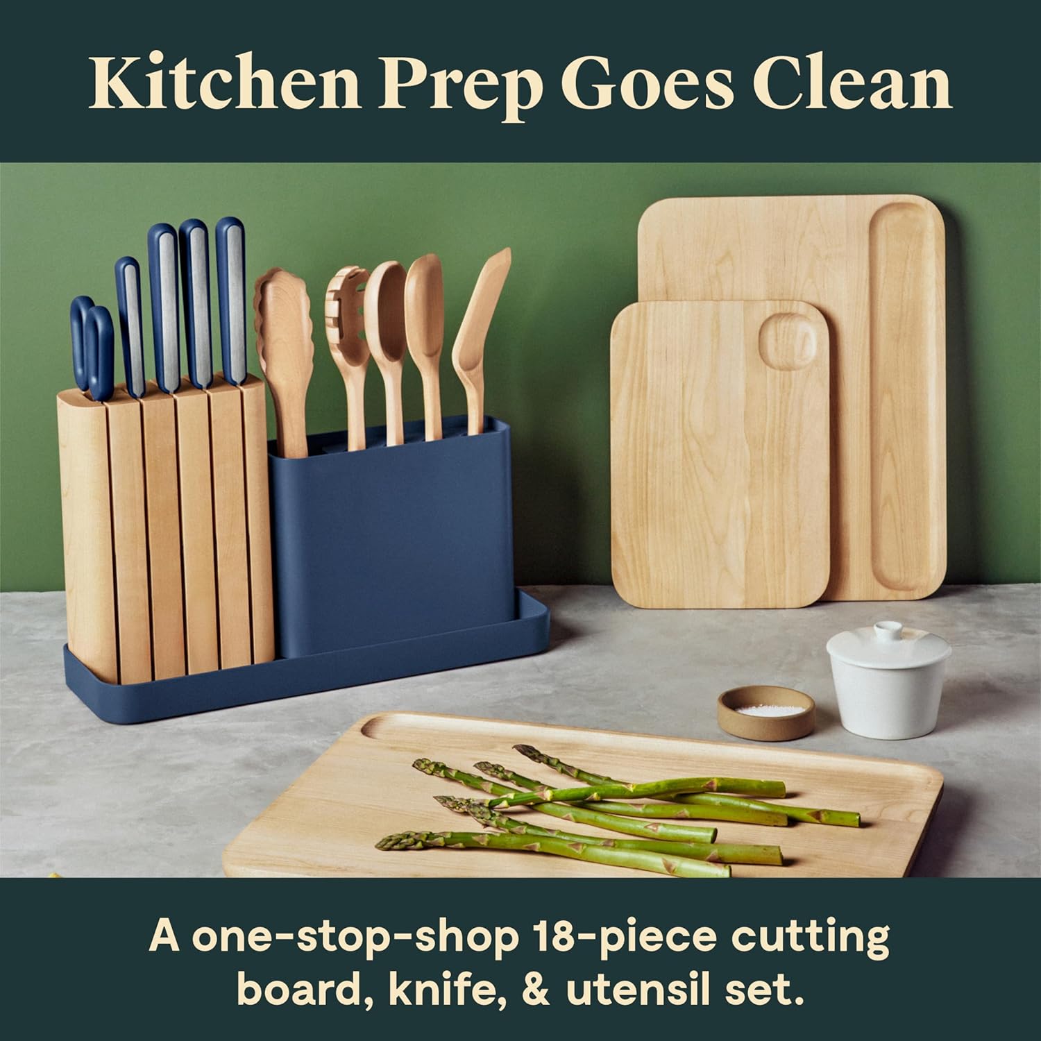 Caraway Kitchen Prep & Cutting Board Set - Kitchen Knife Set & Wooden Utensil Set & 3 Wood Cutting Boards - Non-Toxic Materials - Includes Organizers - Cream