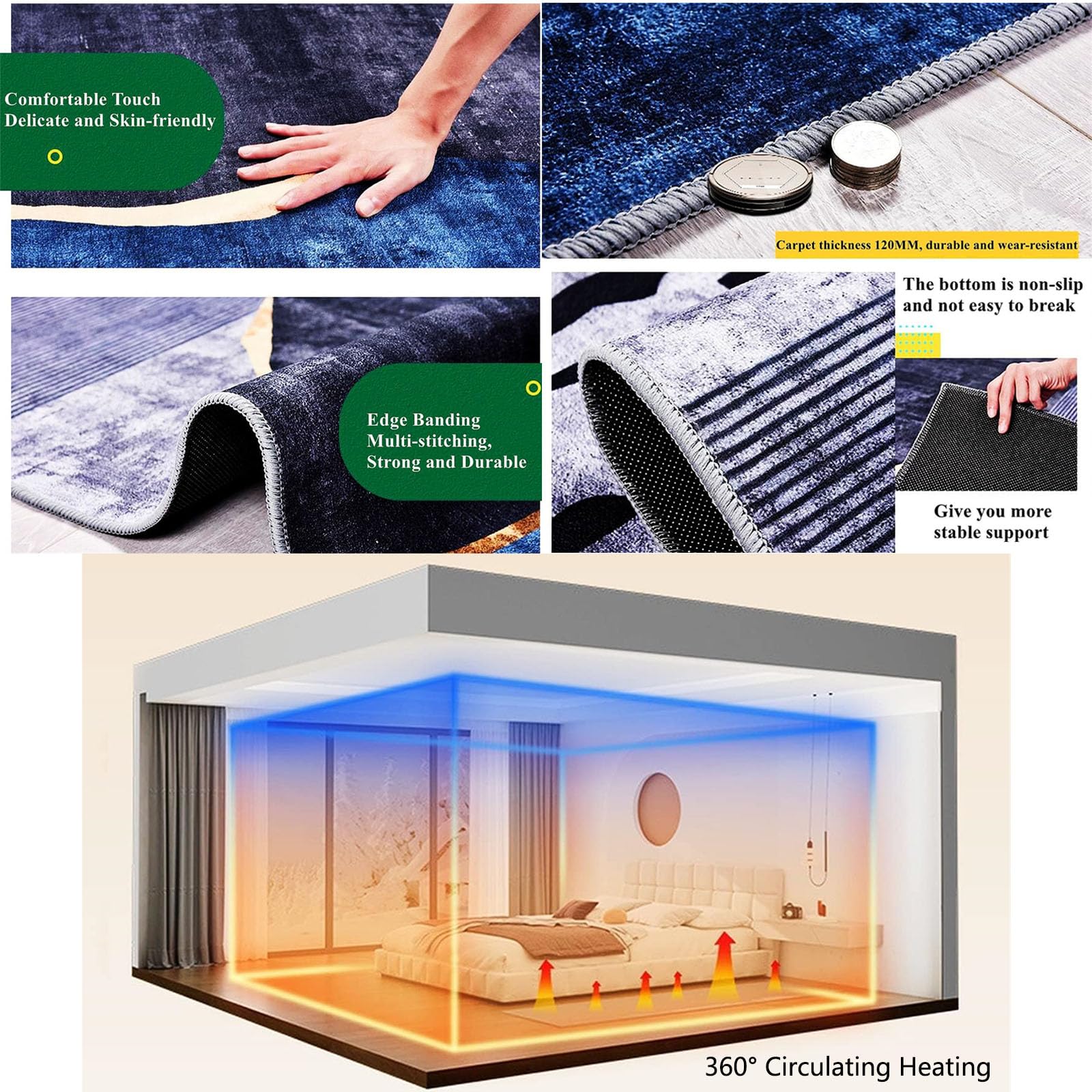 Graphen-Heizteppich, weicher Plüschteppich mit Heizfunktion, beheizte Fußmatte für Bett und Schreibtisch, elektrisch beheizbarer Teppich mit Thermostat und Timer, für Zuhause, Büro und Spiel