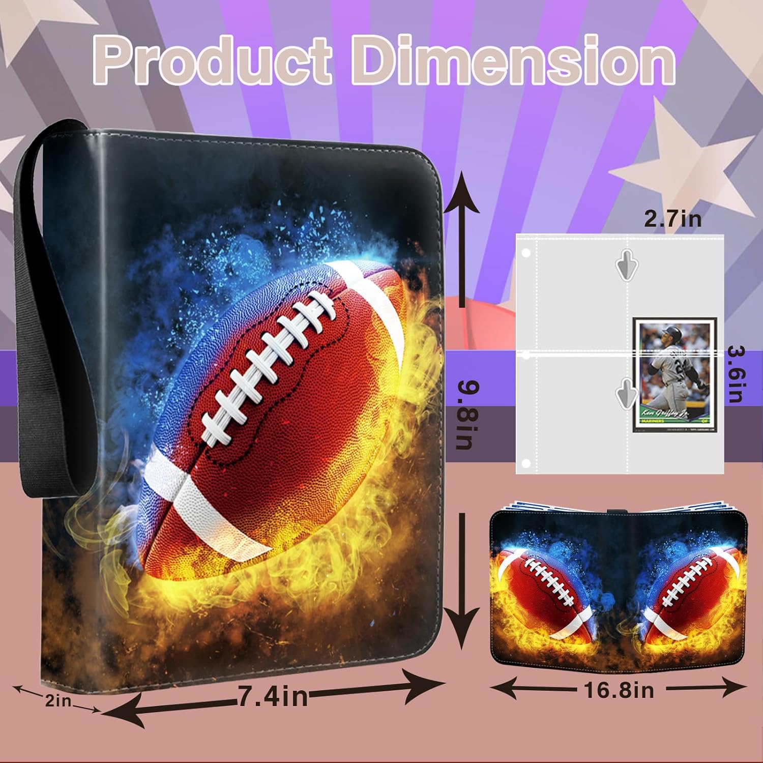 9 Pokect Trading Card Binder, 2025 Football Card Binder Album with 50 Binder Sleeves fit 900 Sport Cards, Card Storage Book Compatible with TCG/MTG and Sports Card