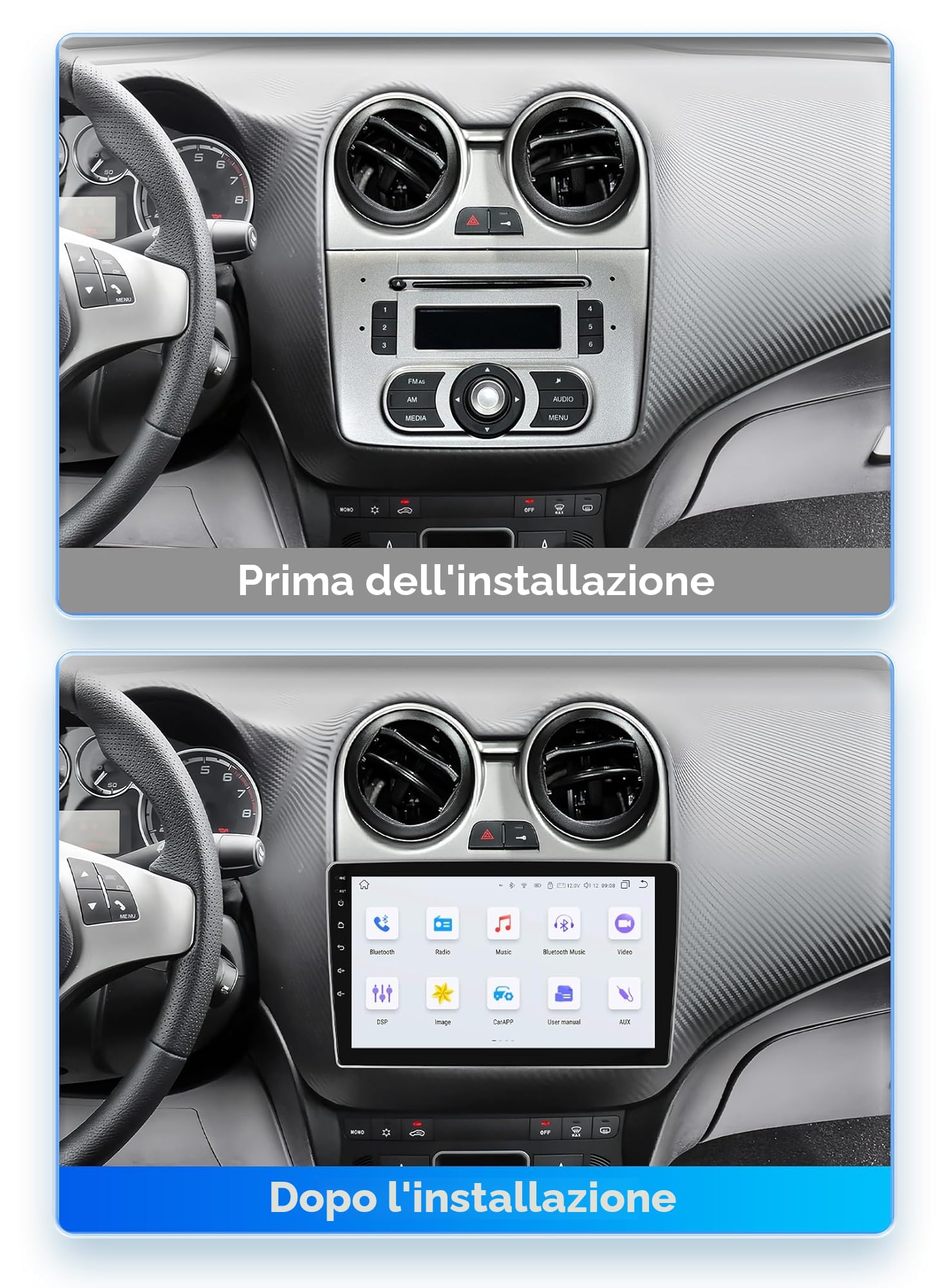 Autoradio Android 13 9" per Alfa Romeo MiTO 955 2008-2016 con Carplay Wireless Android Auto 8-Core 4G+32G Display QLED WiFi Navigazione Bluetooth 5.0