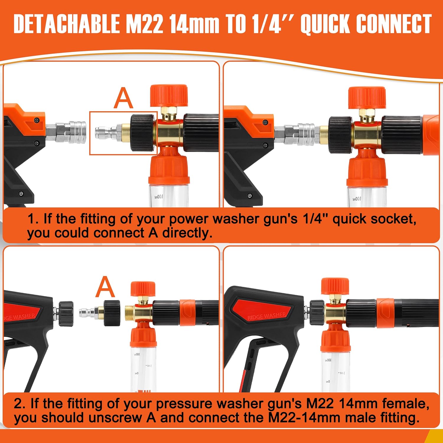 RIDGE WASHER Mini Foam Cannon Gun with Dual Connector, No Dilution Required, Pressure Washer Gun for Foam Blaster, 1/4" Quick Connect, 4000 PSI, 100 ML