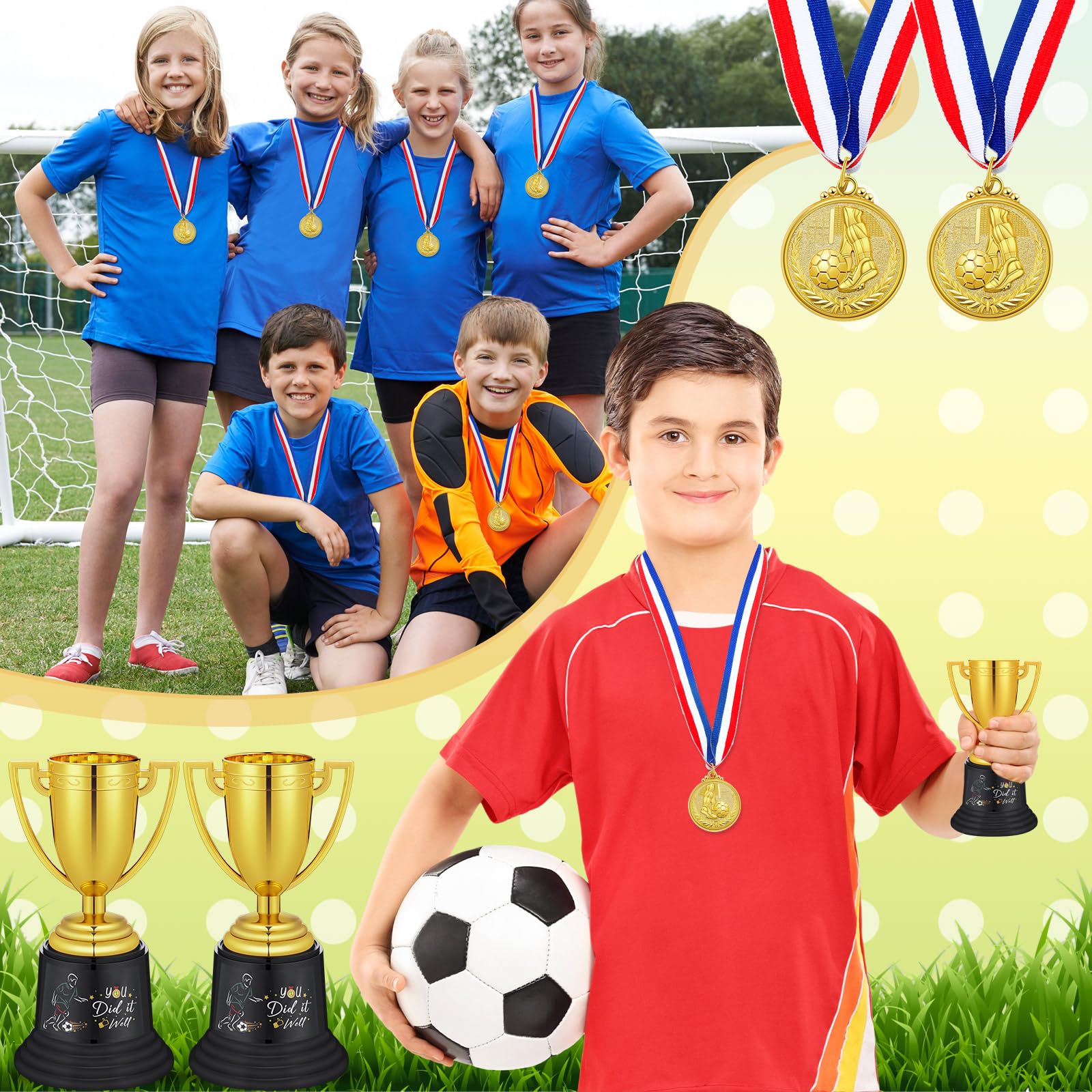 Tondiamo Juego de 24 medallas y trofeos de fútbol para niños, incluye 12 trofeos de fútbol de plástico dorado de 5.12 pulgadas y 12 medallas de 2 pulgadas para niños, premios de equipo de fútbol