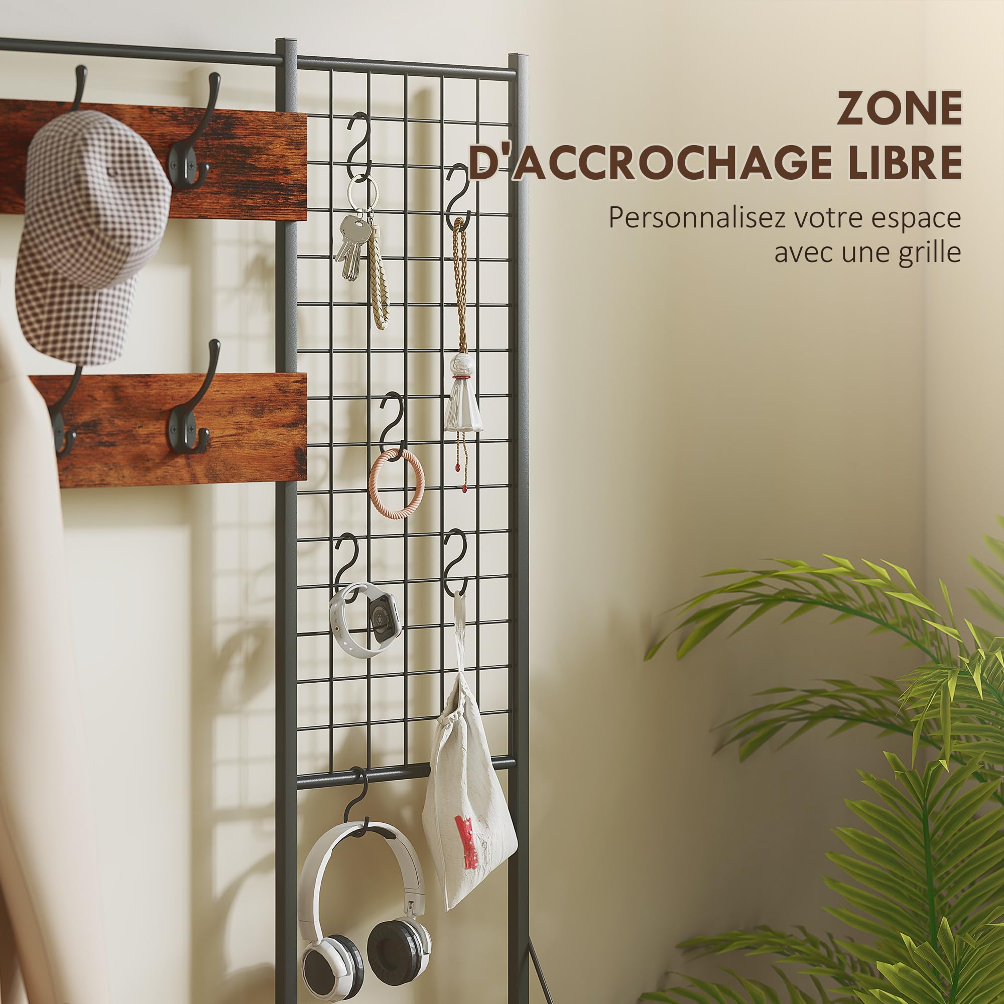 HOMCOM Meuble d'Entrée 4 en 1 Portemanteau Vestiaire Noir Brun Rustique | 7 Tiroirs Pliables en Tissu, 14 Crochets, Style Industriel, pour Couloir Entrée Chambre