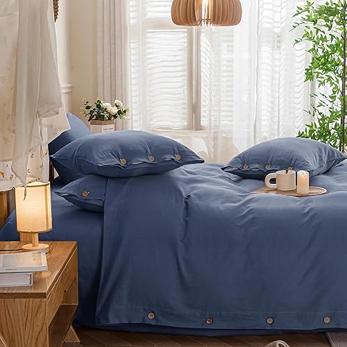 Miniatura 7 de JELLYMONI - Funda de edredón de 100% algodón lavado, tamaño Queen, color azul, con botones, 3 piezas, transpirable, suave, unicolor, de 90 x 90