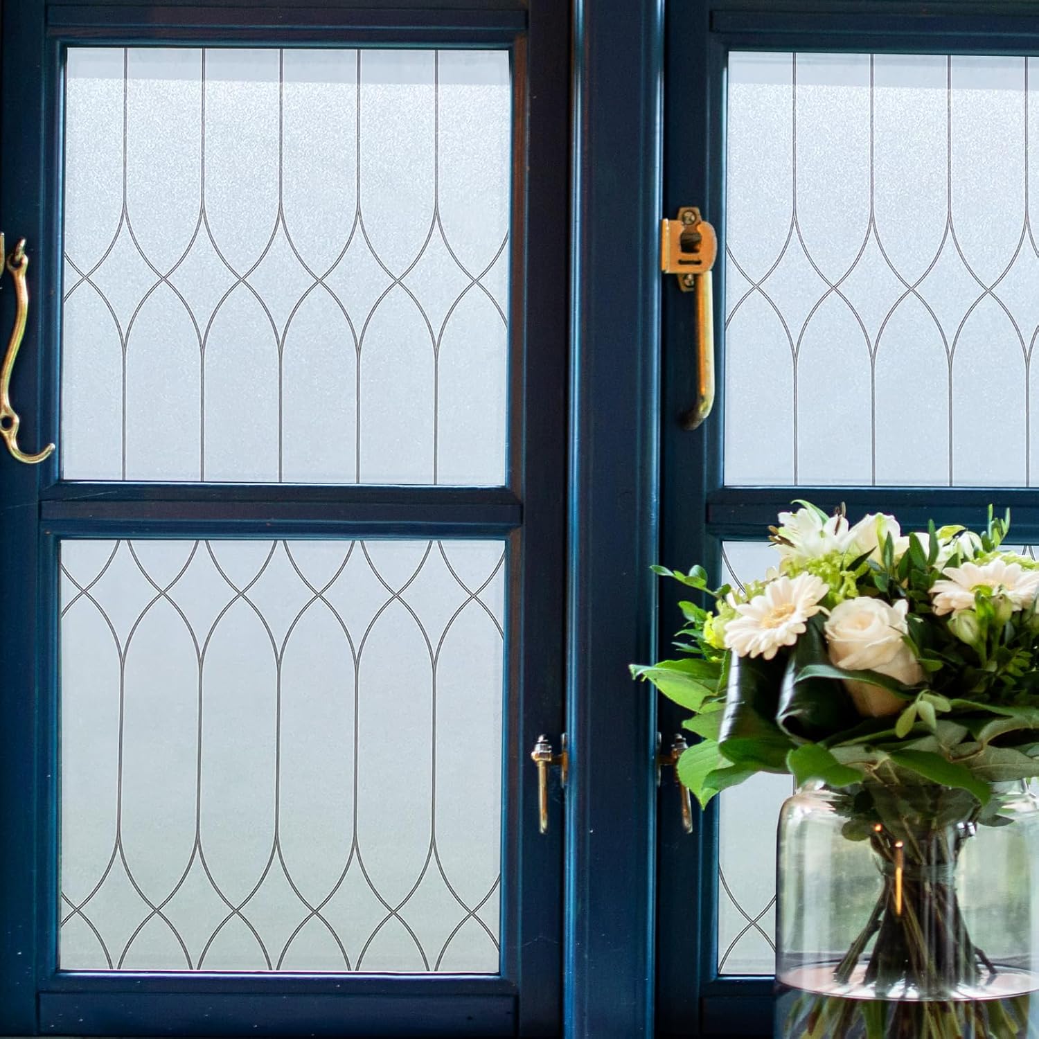 Jahoot Privacy Window Film, Frosted Glass Window Tint Sun Blocking, Bathroom Privacy Films, Non-Adhesive Frosting Vinyl, Removable Glass Door Clings Covering w/Black Morocco Lines, 29.5"x118.1"