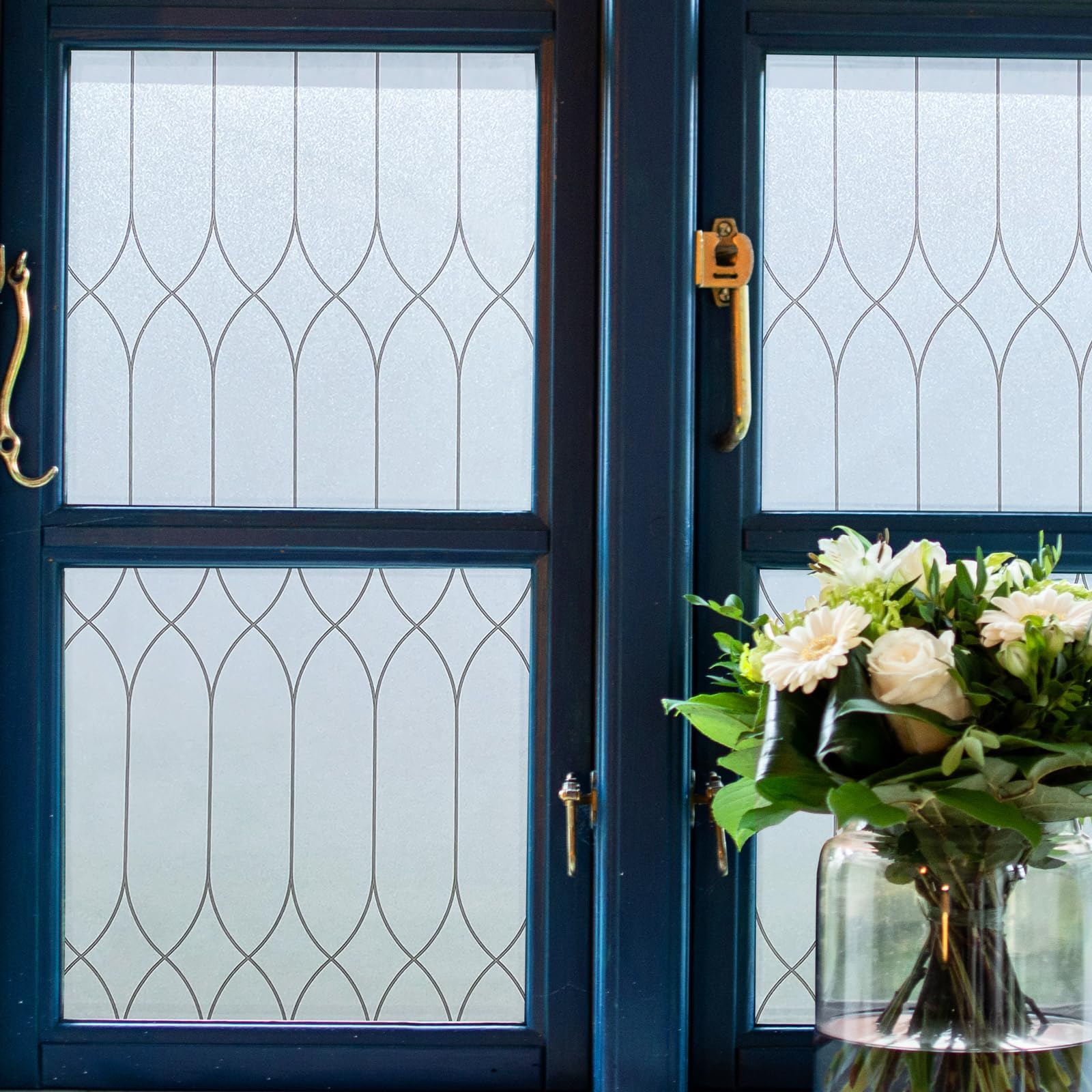 Jahoot Privacy Window Film, Frosted Glass Window Tint Sun Blocking, Bathroom Privacy Films, Non-Adhesive Frosting Vinyl, Removable Glass Door Clings Covering w/Black Morocco Lines, 17.7"x78.7"
