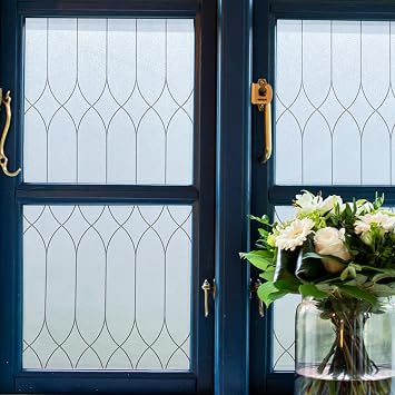 Jahoot Privacy Window Film, Frosted Glass Window Tint Sun Blocking, Bathroom Privacy Films, Non-Adhesive Frosting Vinyl, Removable Glass Door Clings Covering w/Black Morocco Lines, 35.4"x118.1"