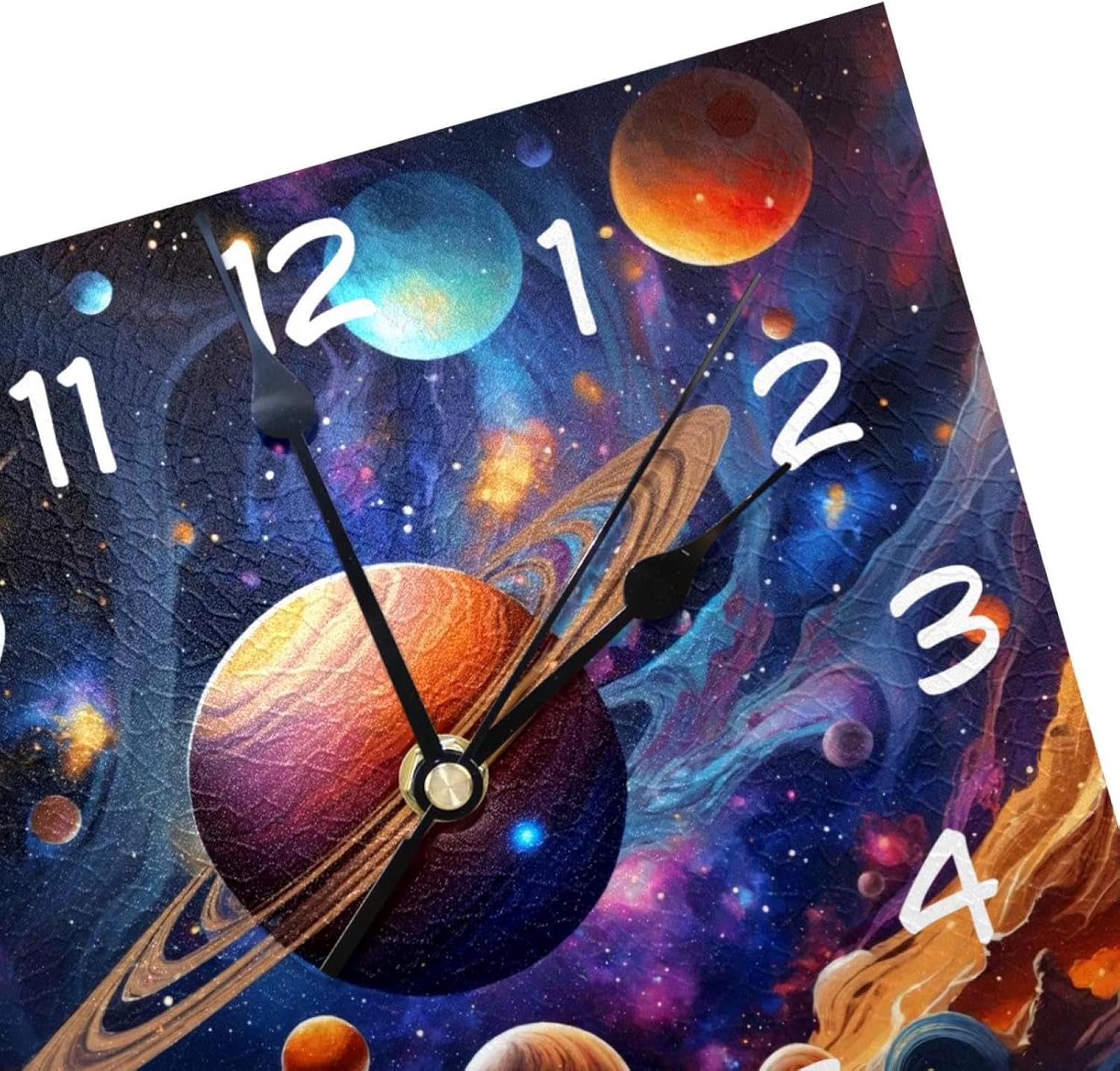 8 Inch Square Wall Clock Silent Non-Ticking Galaxy Space Planets Clock Battery Operated, Wooden Clock Decorative for Kitchen, Living Room Bedroom Office