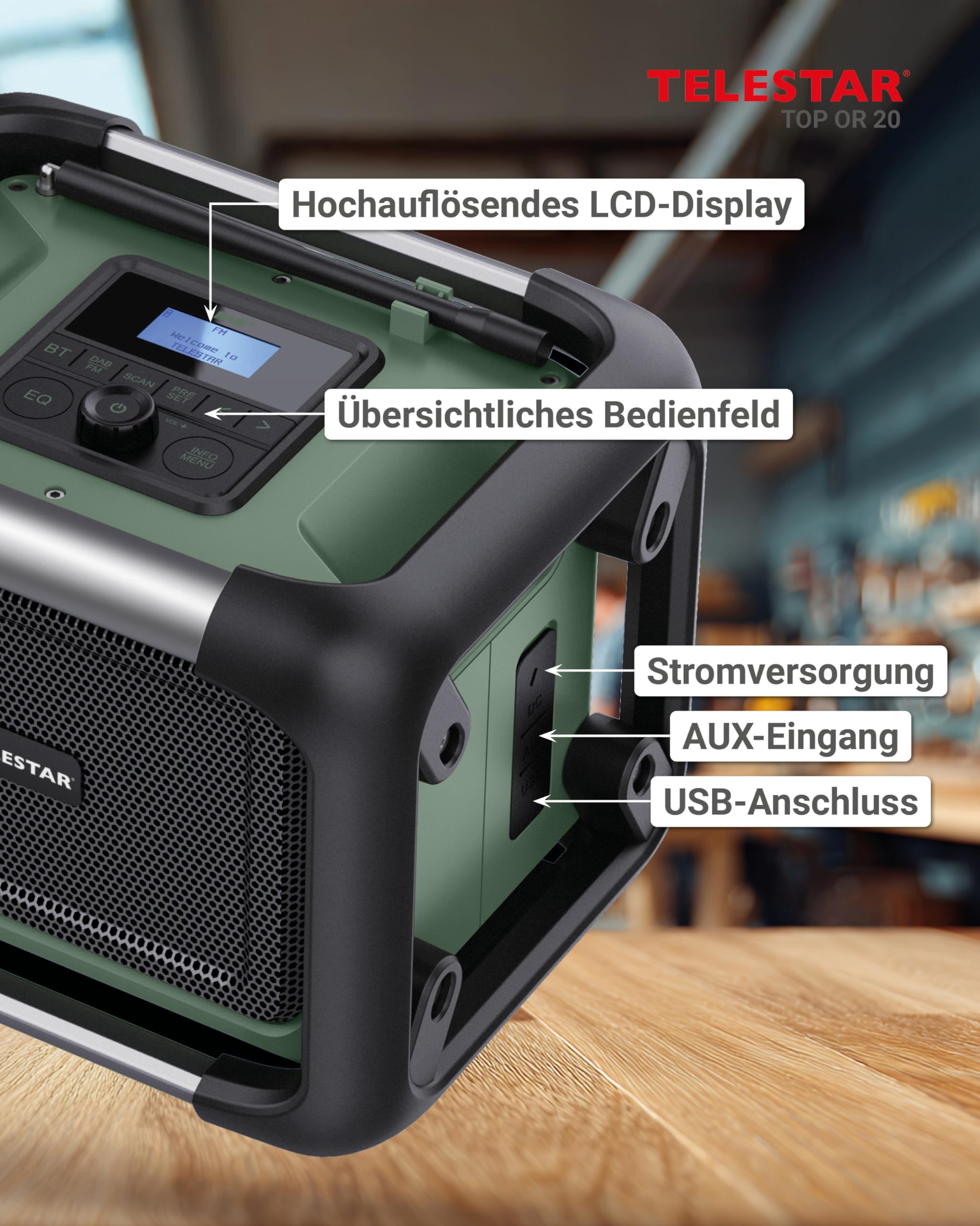 TELESTAR TOP OR 20 – Baustellenradio, läuft mit Marken-Akkus (Makita etc.) | Robust, DAB+, Bluetooth Audio-Streaming, für Akkus von Makita, DeWalt, Bosch, Milwaukee, 80 W Stereo, USB, Akku-/Netzbetrieb